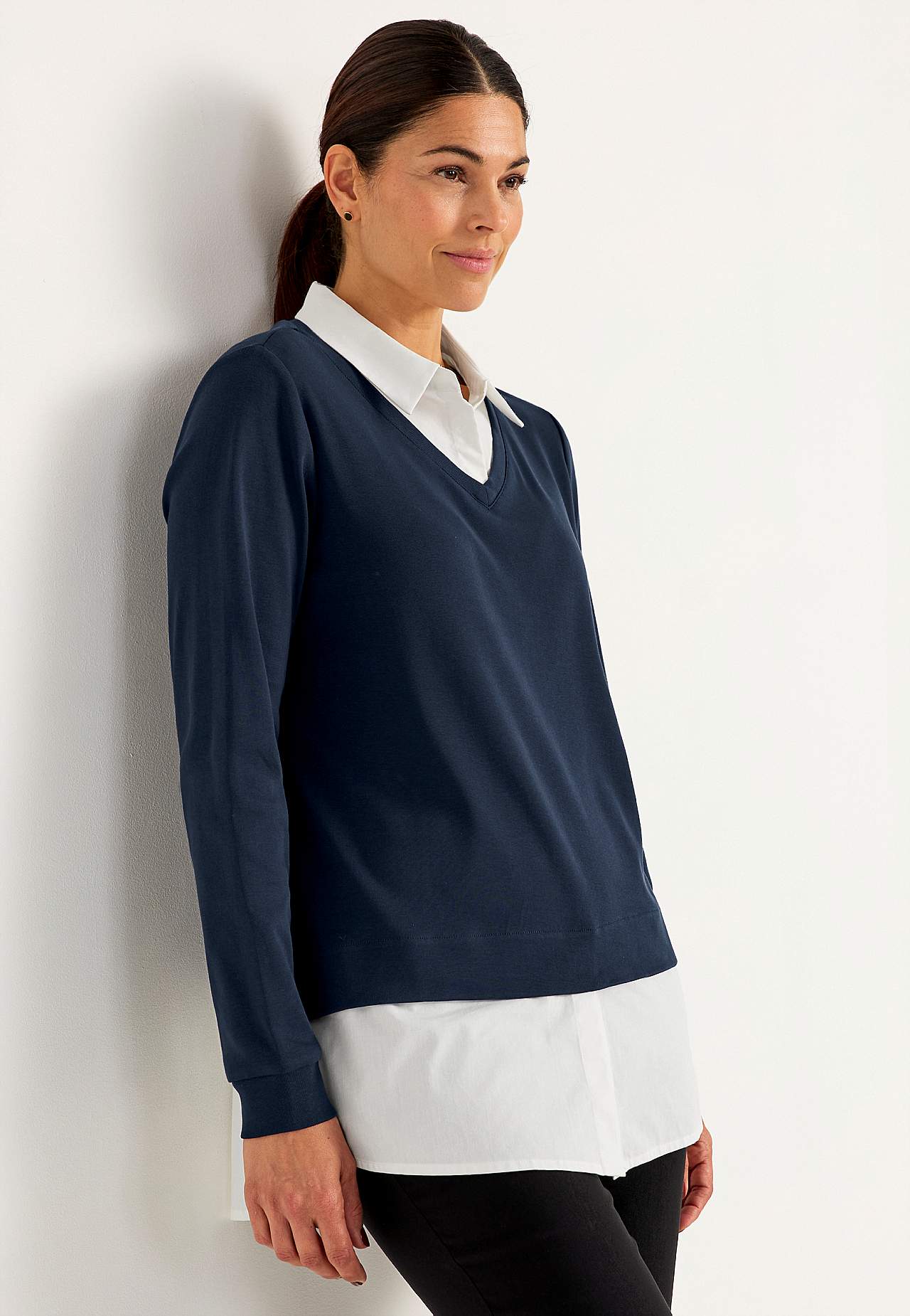 Jersey top with sewn shirt collar