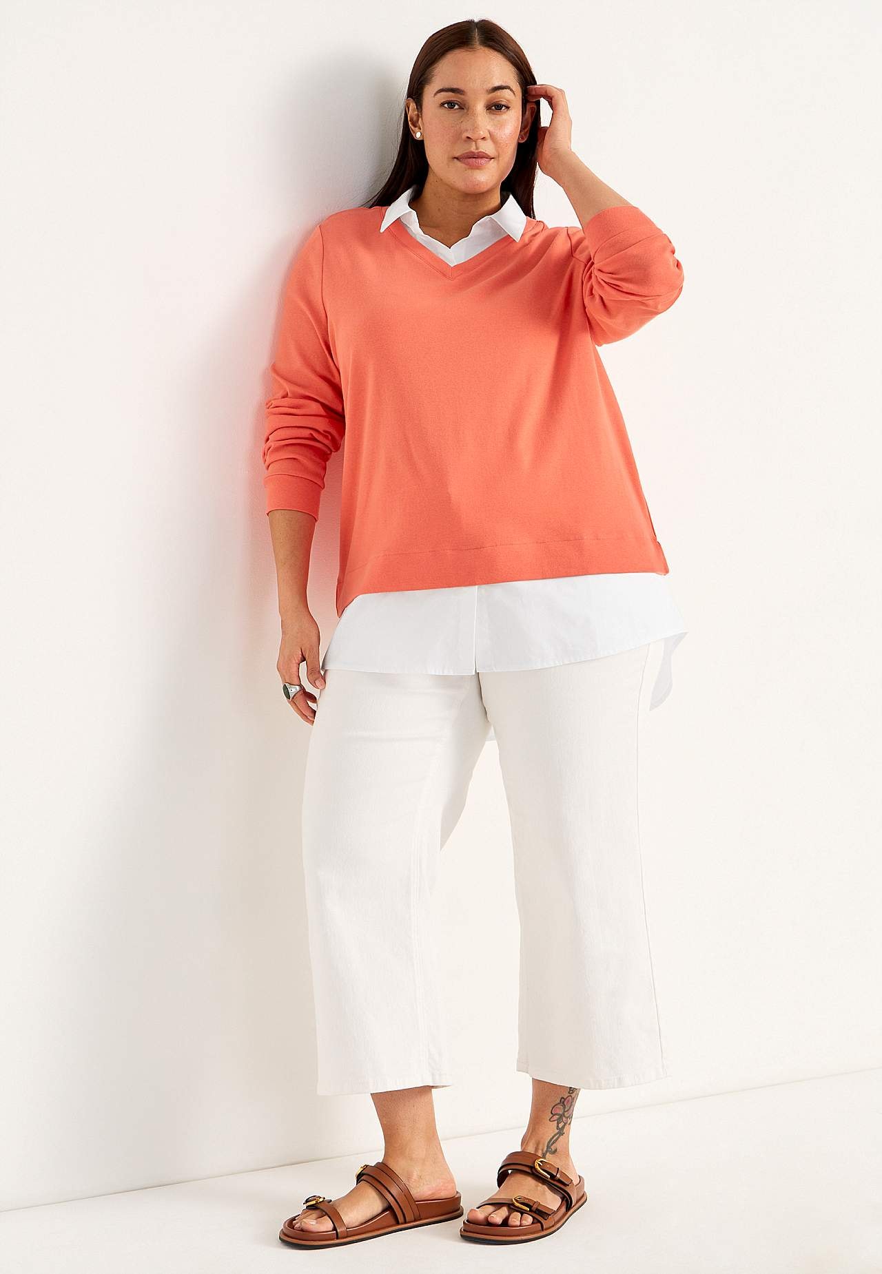 Jersey top with sewn shirt collar