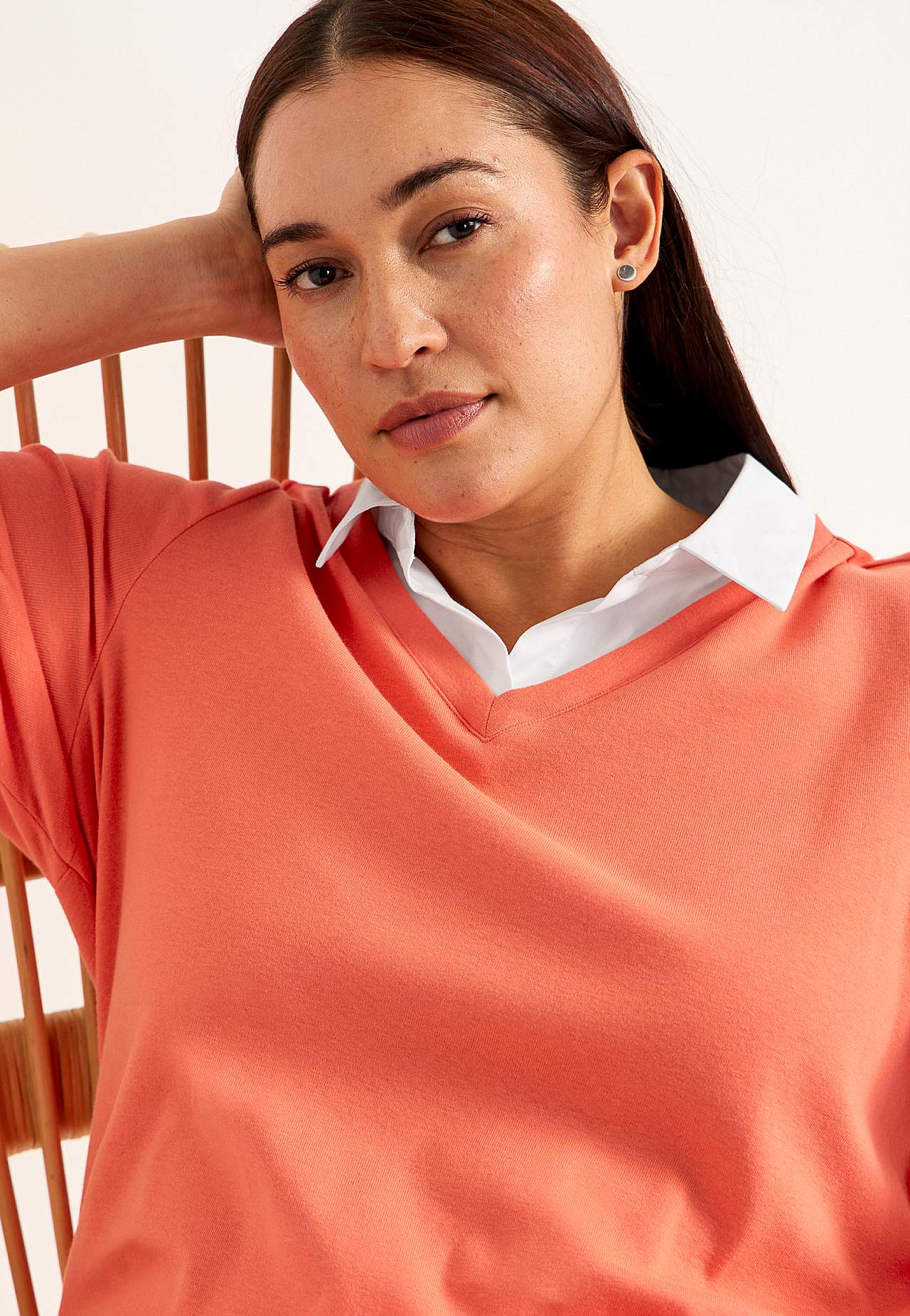 Jersey top with sewn shirt collar