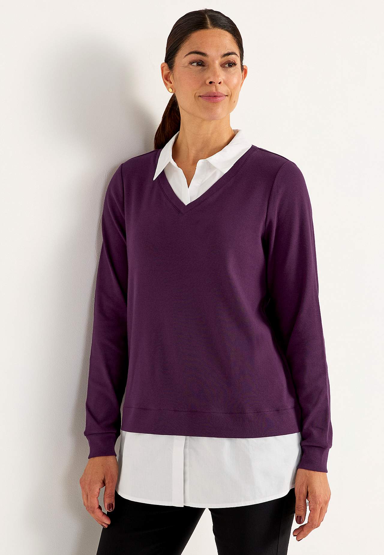 Jersey top with sewn shirt collar
