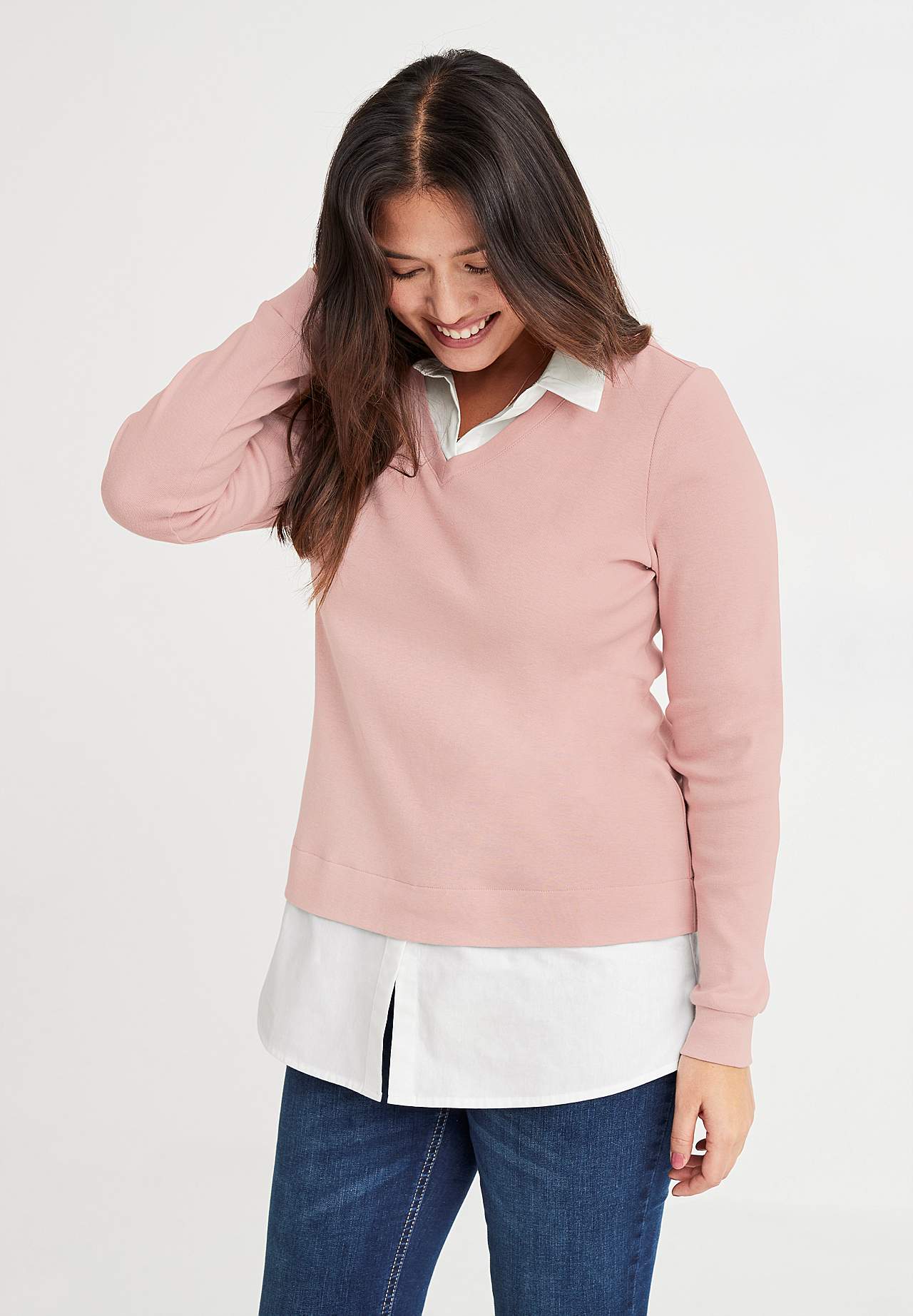 Jersey top with sewn shirt collar