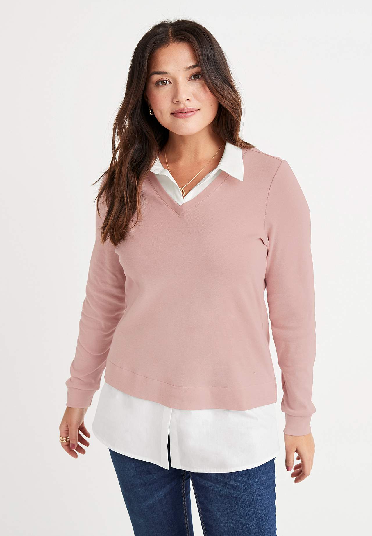 Jersey top with sewn shirt collar
