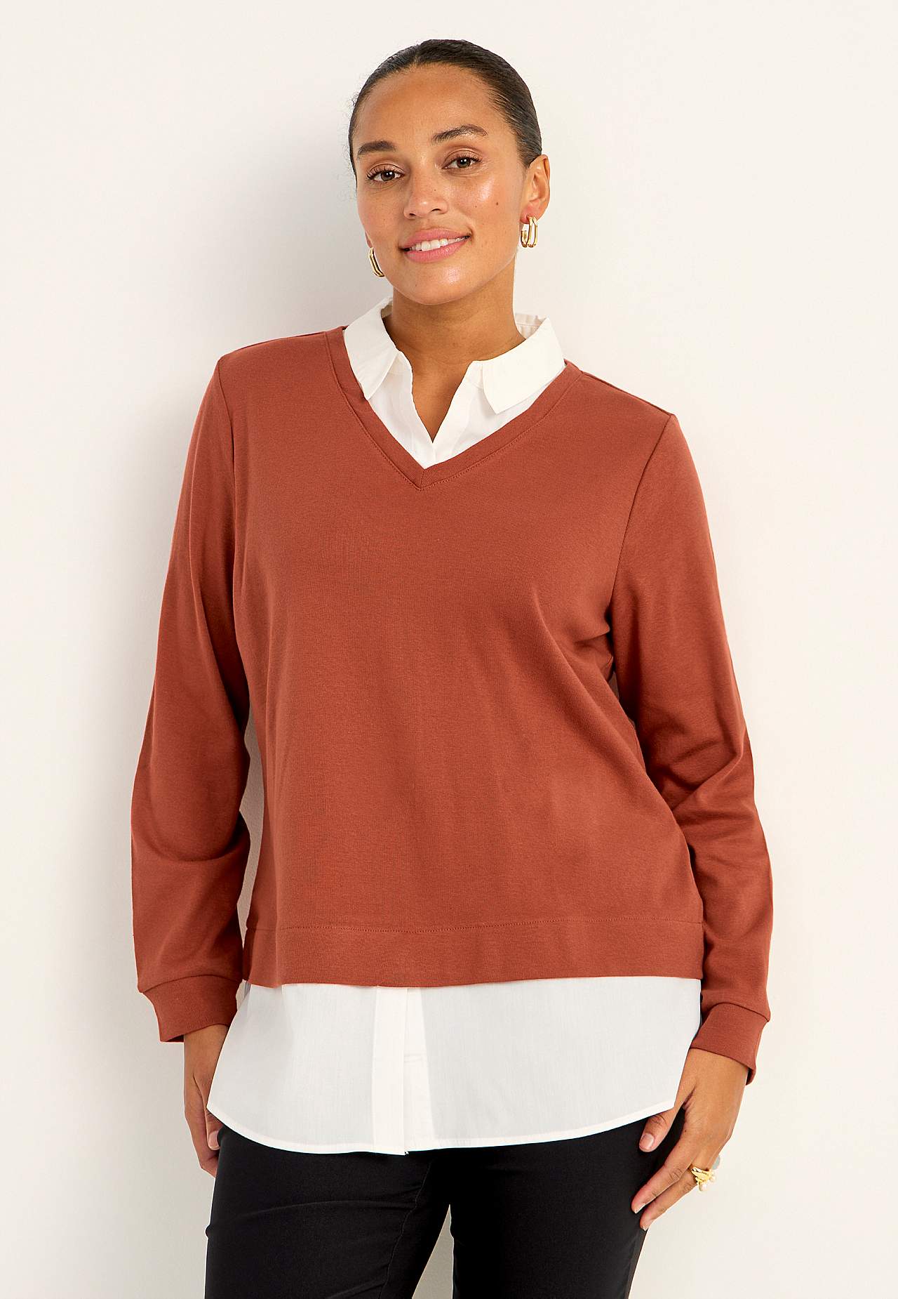 Jersey top with sewn shirt collar