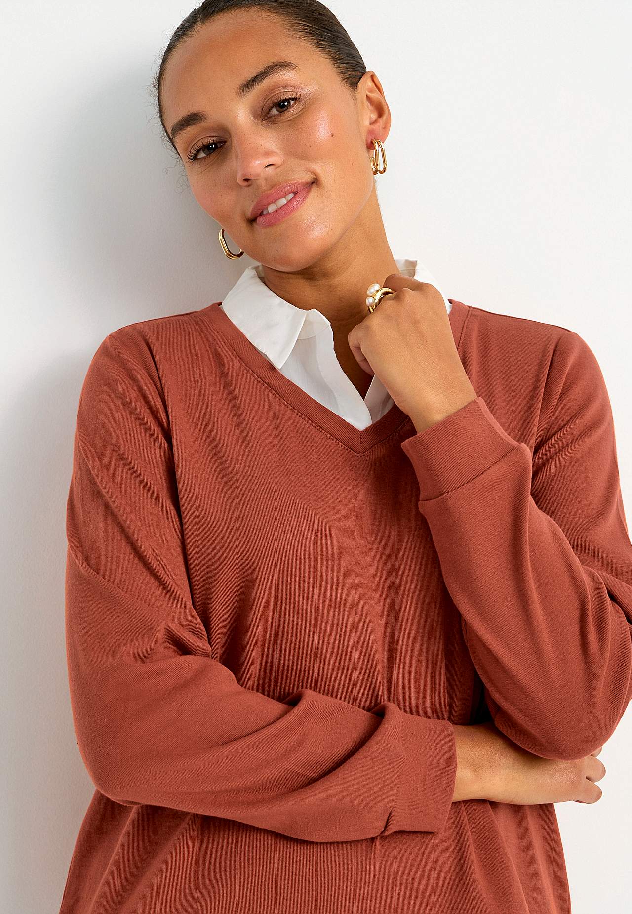 Jersey top with sewn shirt collar