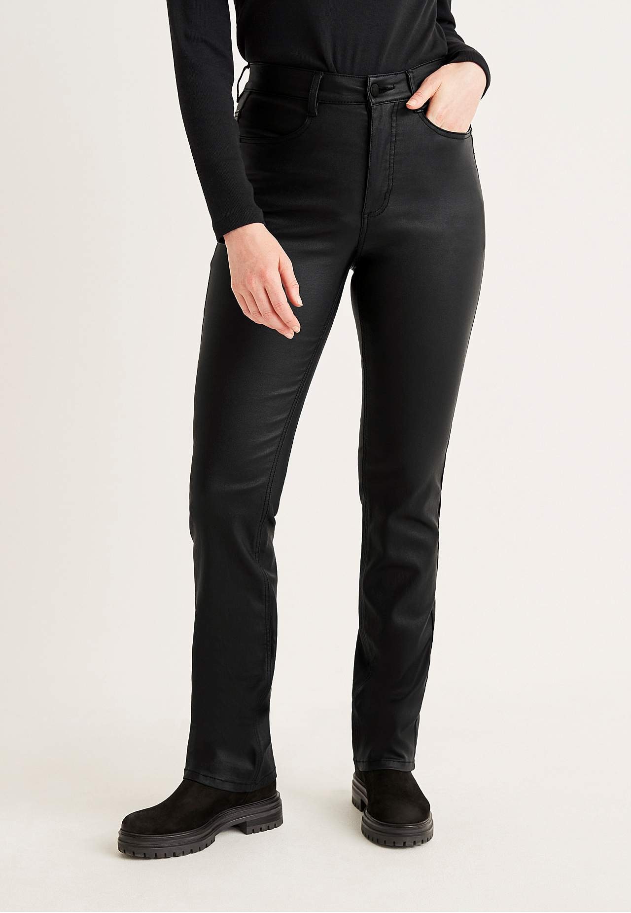 Coated trousers with straight legs