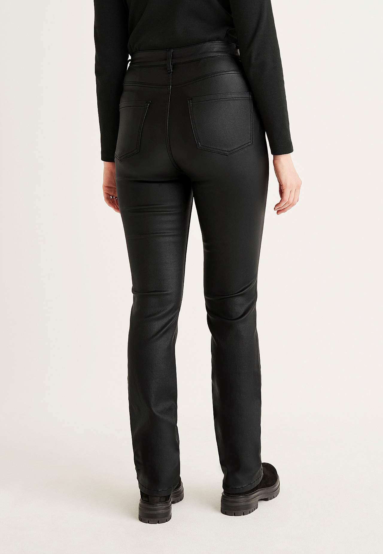 Coated trousers with straight legs