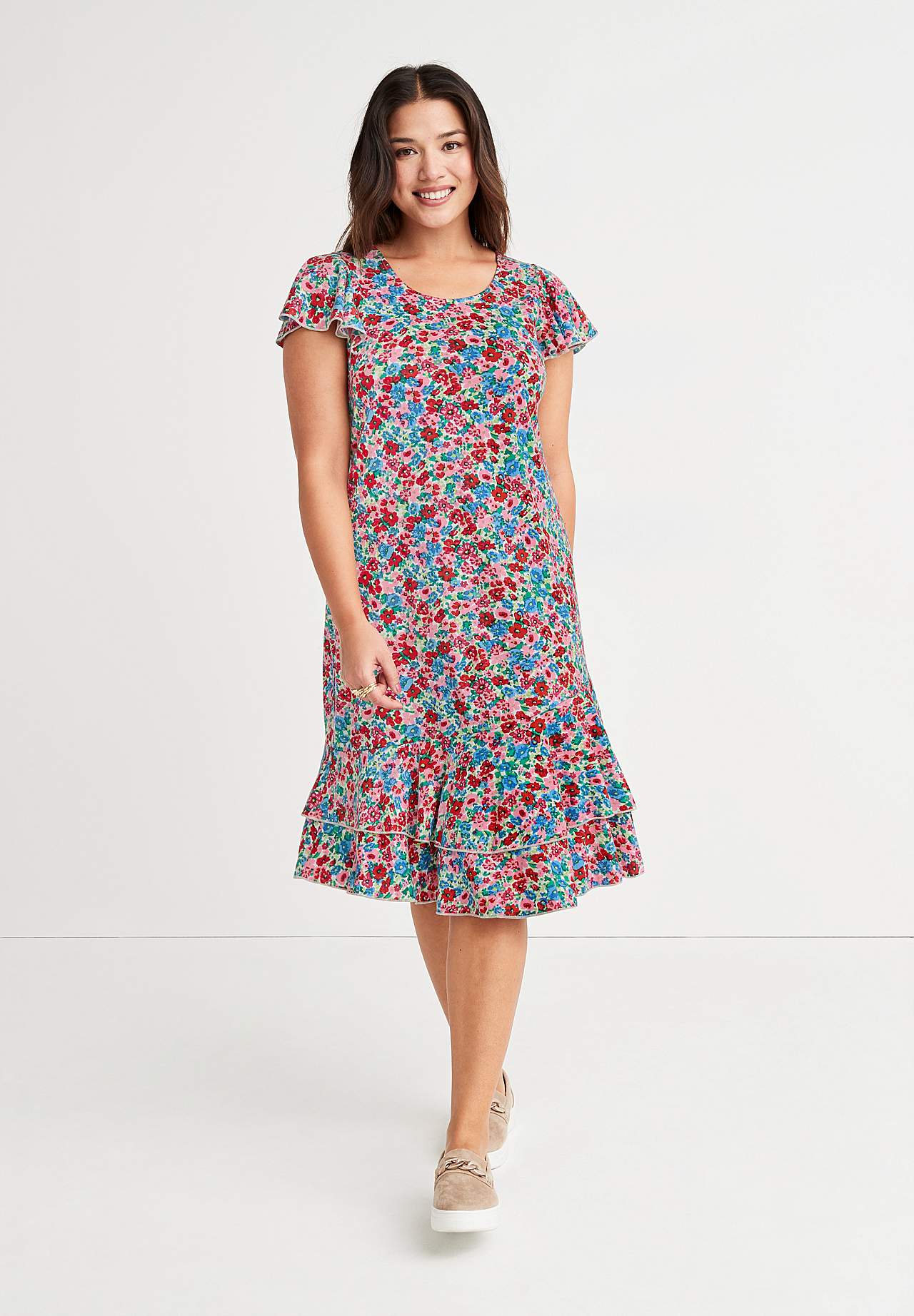 Patterned jersey dress with frills
