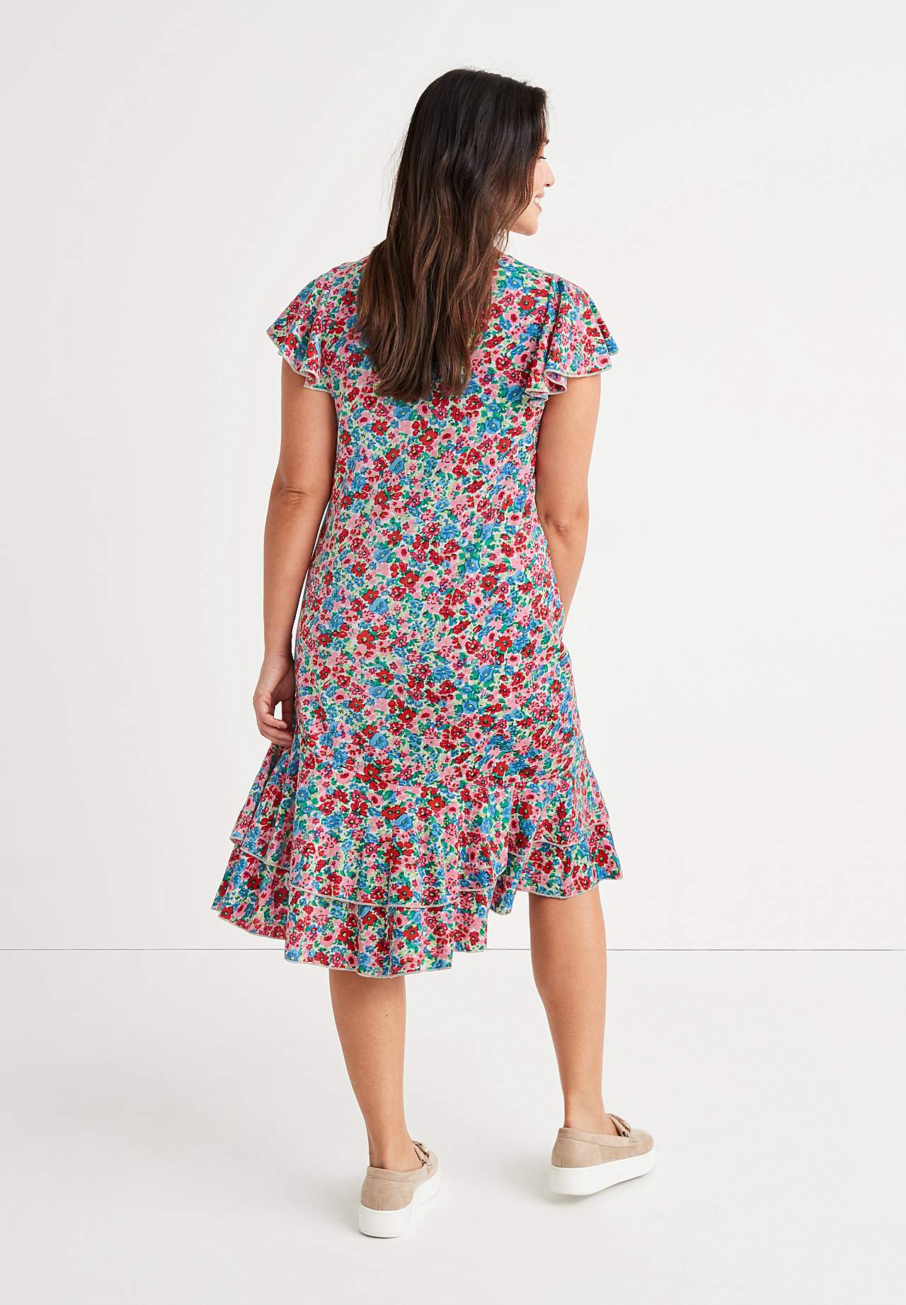 Patterned jersey dress with frills