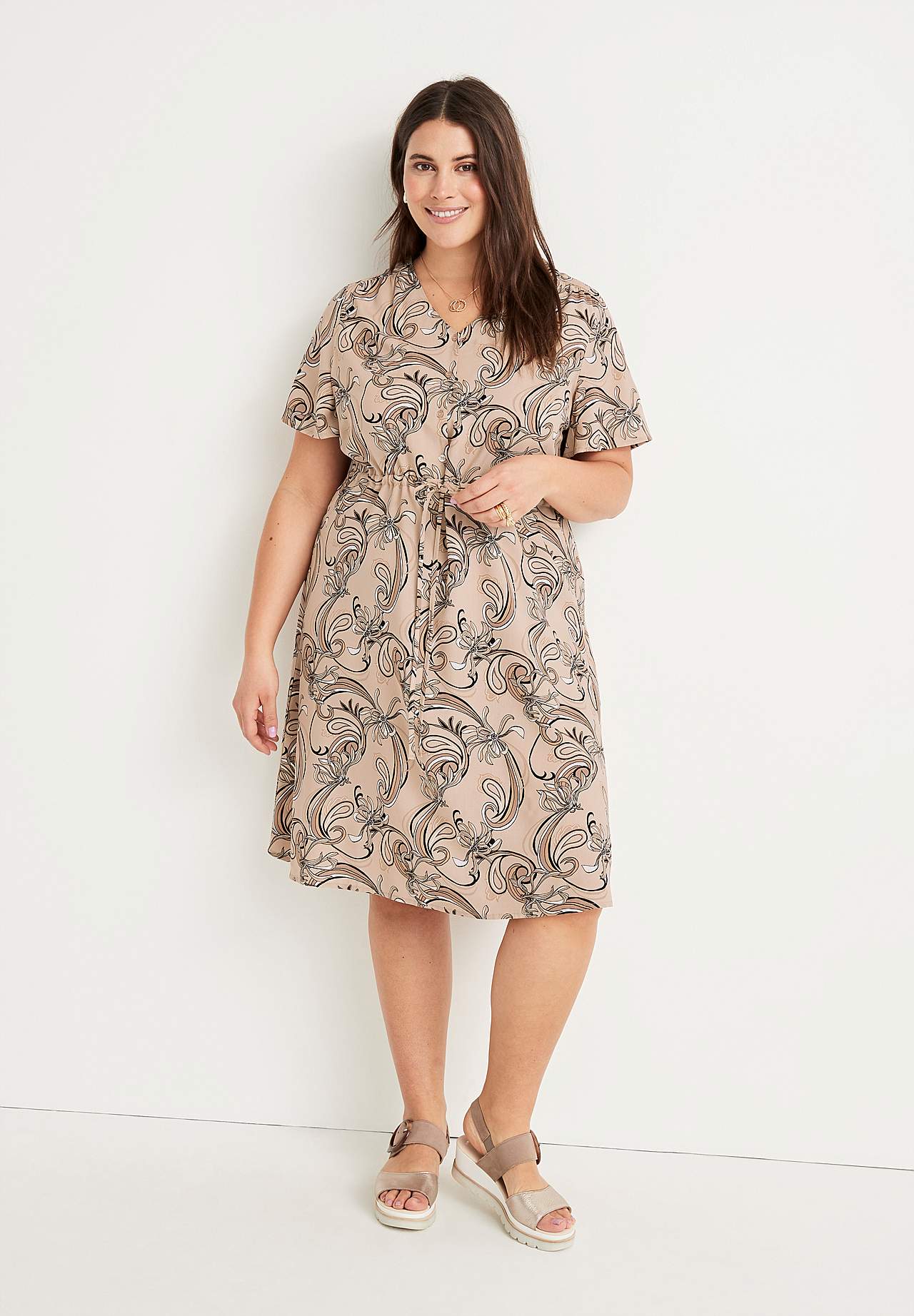 Patterned viscose dress with short sleeves