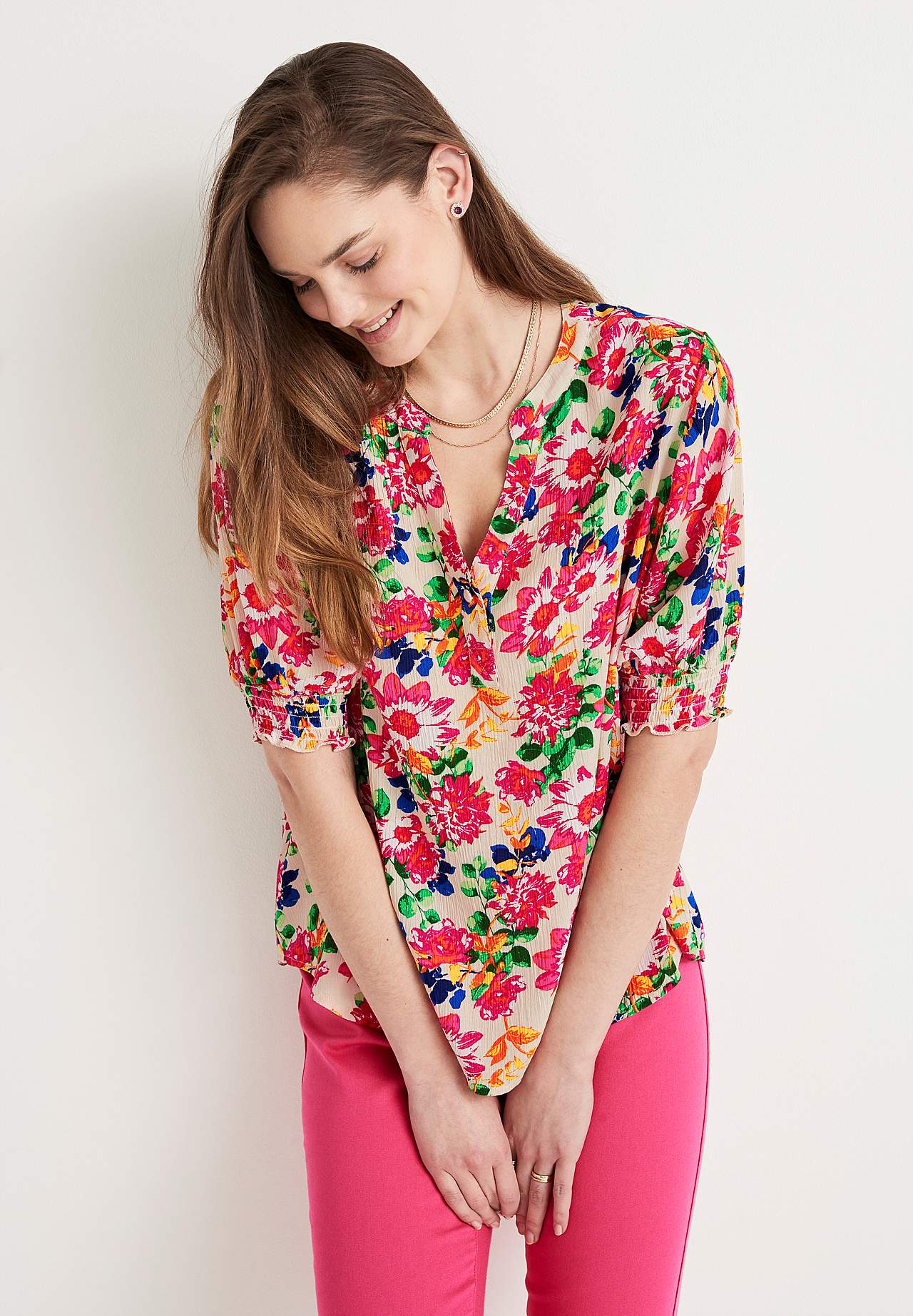 Crepe blouse with smocking Mia