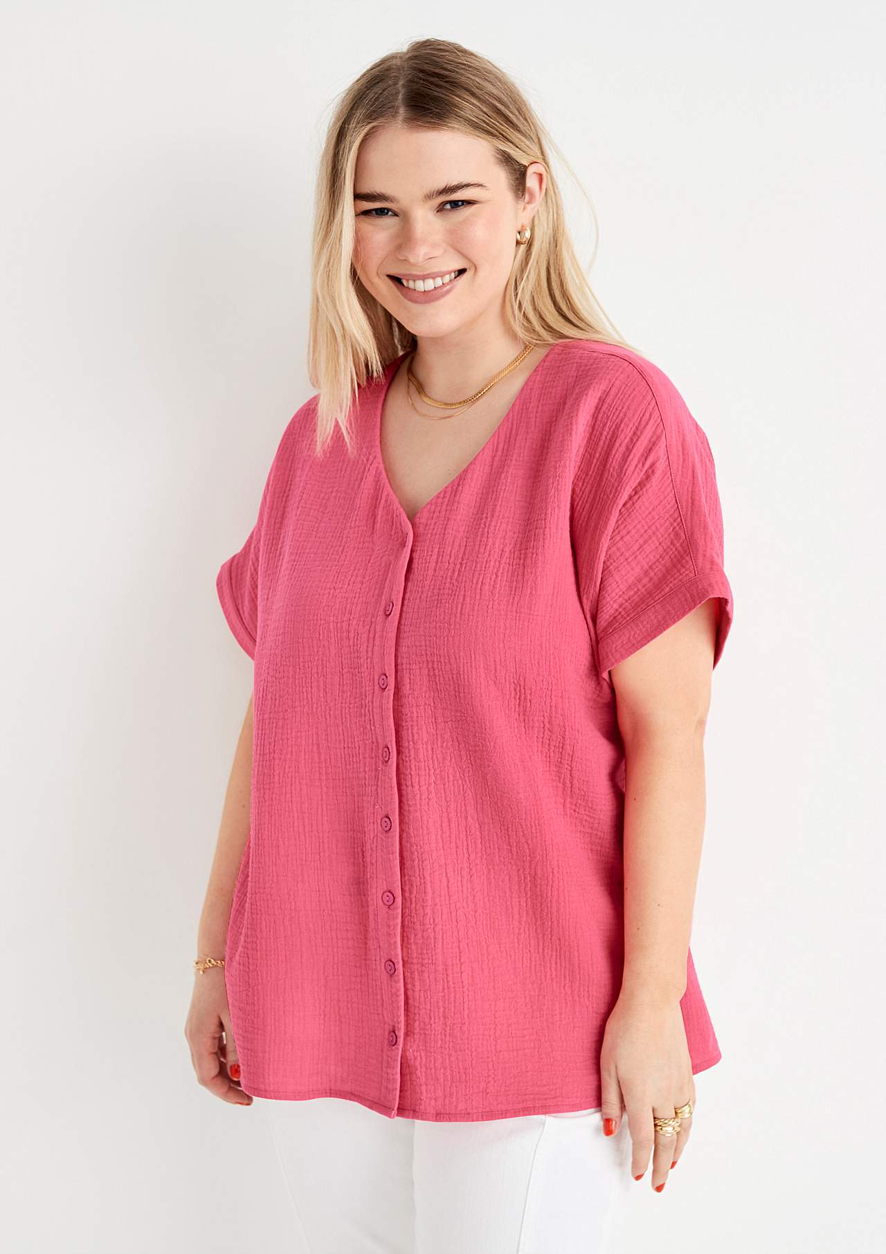 Buttoned through blouse in cotton gauze