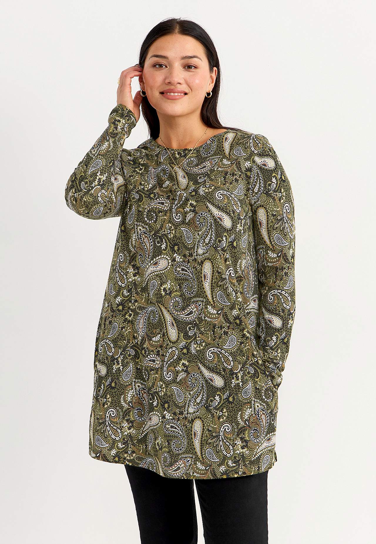 Patterned jersey tuniq with long sleeves