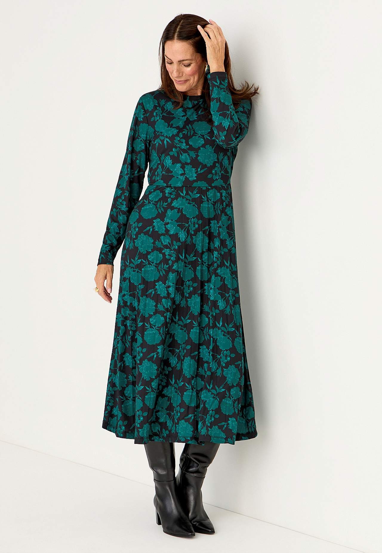 Pleated, patterned jersey dress Christina