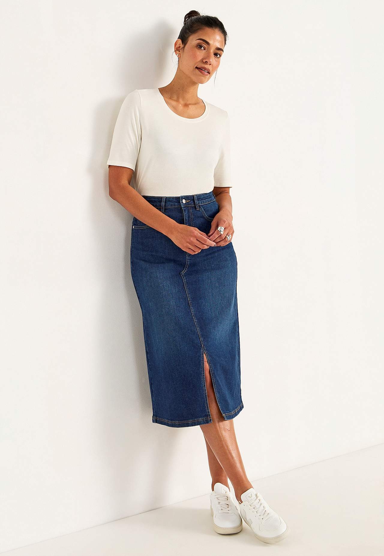Denim skirt with slit at front
