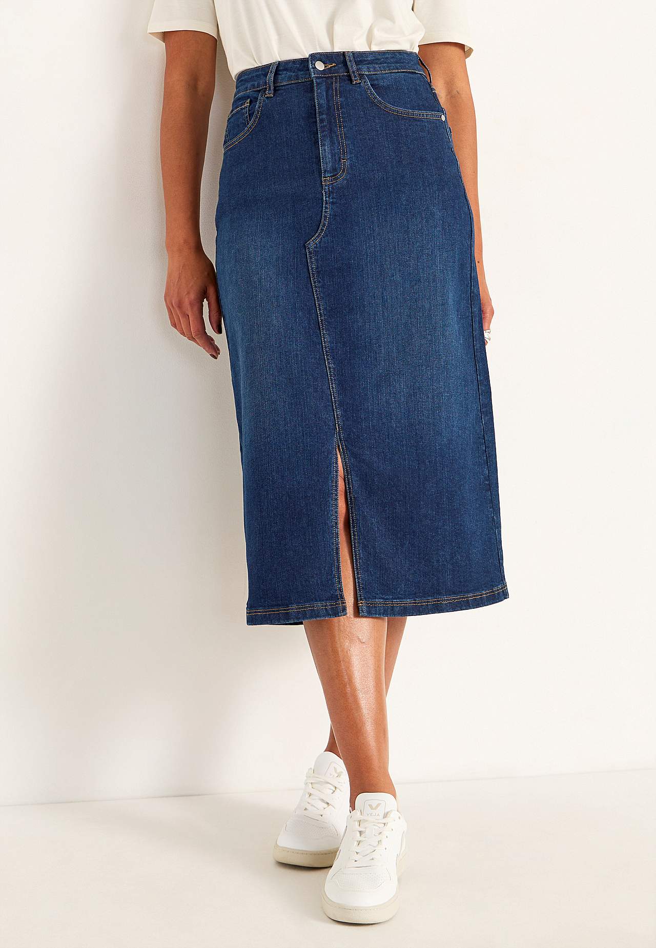 Denim skirt with slit at front