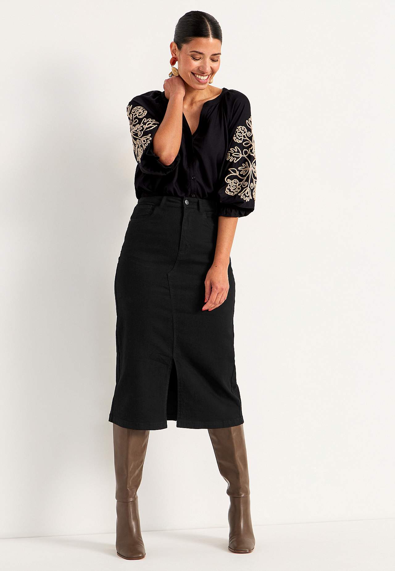 Denim skirt with slit at front