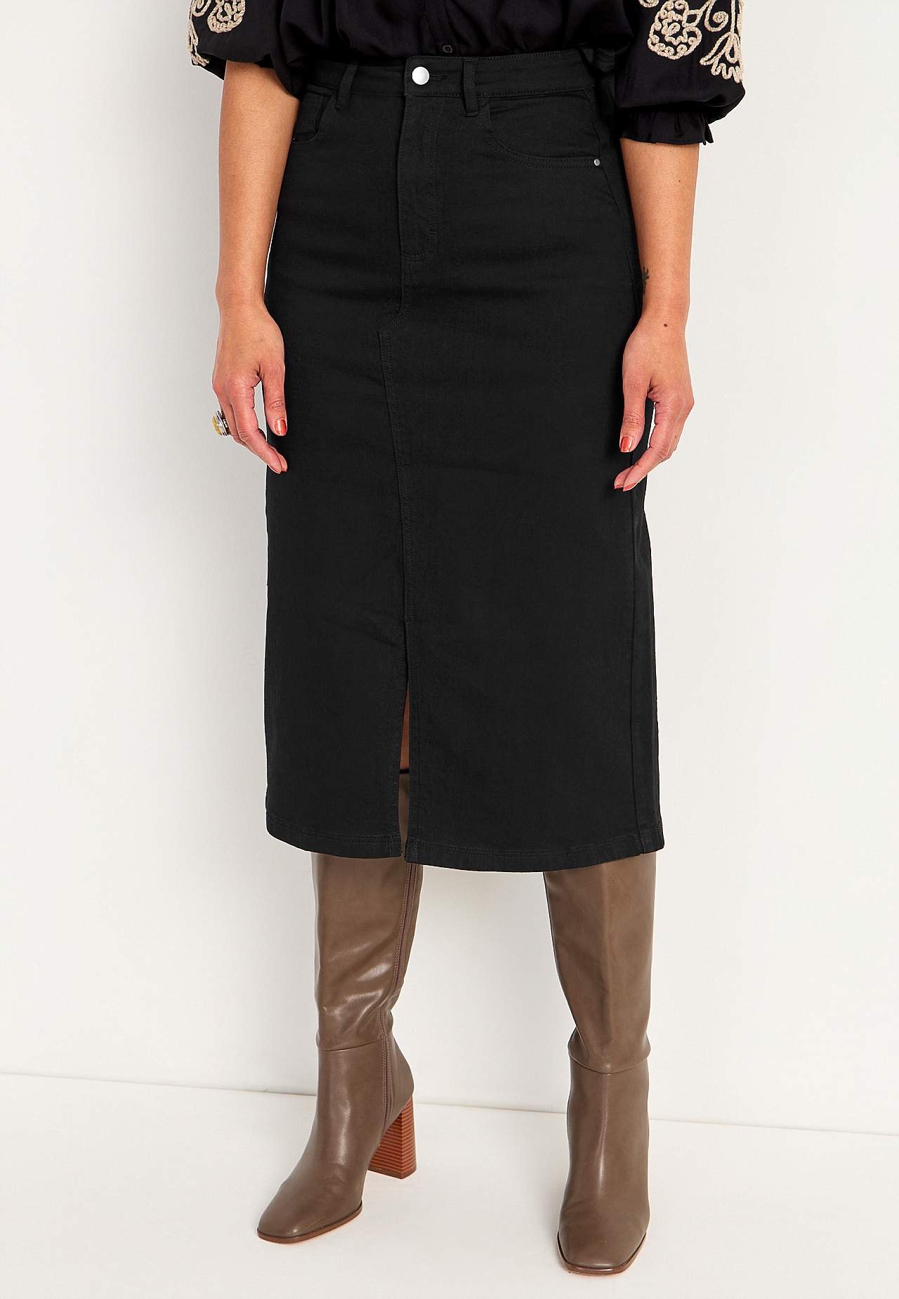 Denim skirt with slit at front