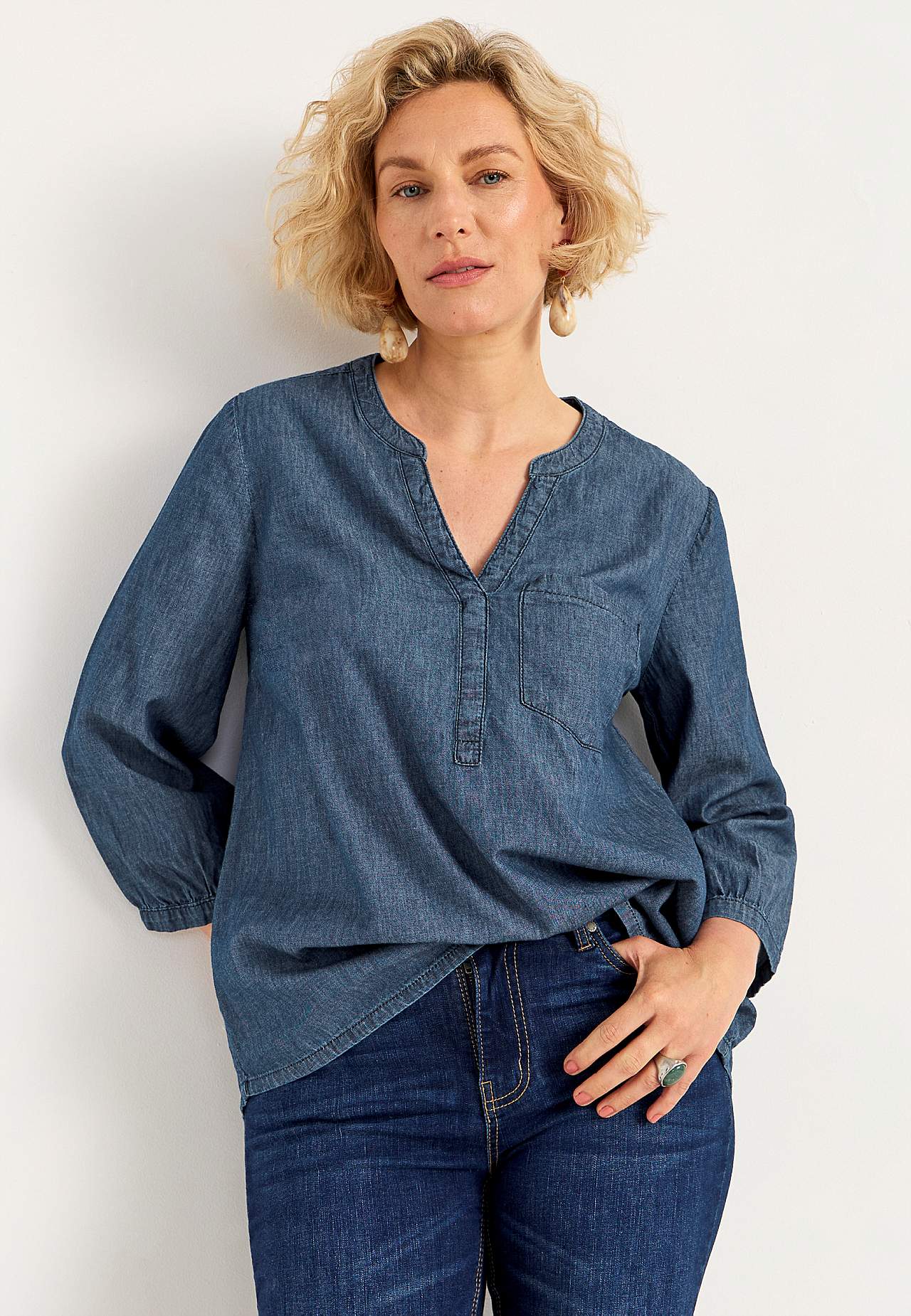 Denim blouse with chest pocket