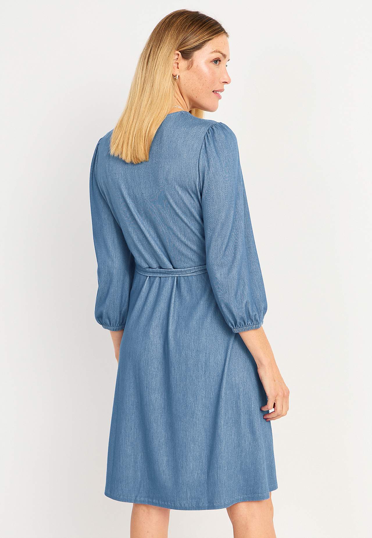 Dress in denim jersey with self-tie belt