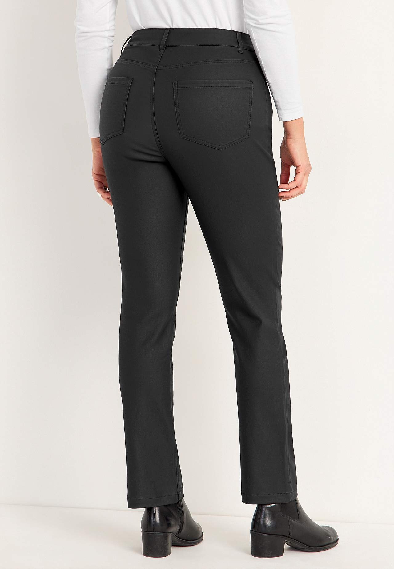 Coated trousers with straight legs