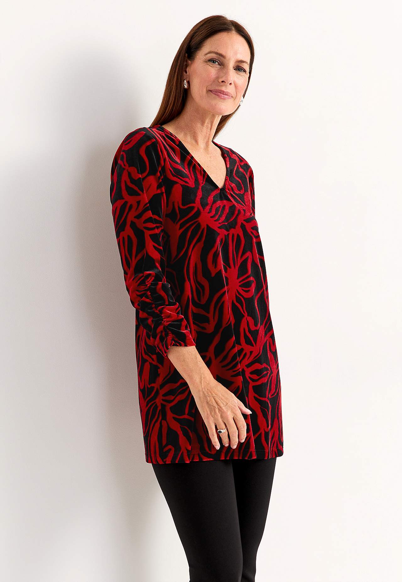 Velvet tunic with gathered sleeve detail