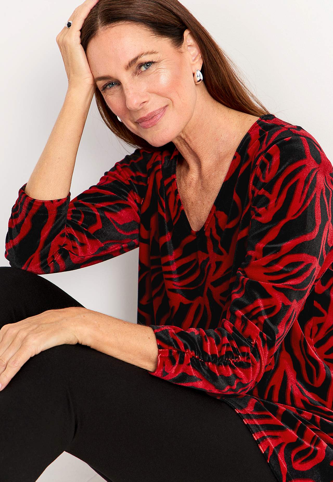 Velvet tunic with gathered sleeve detail