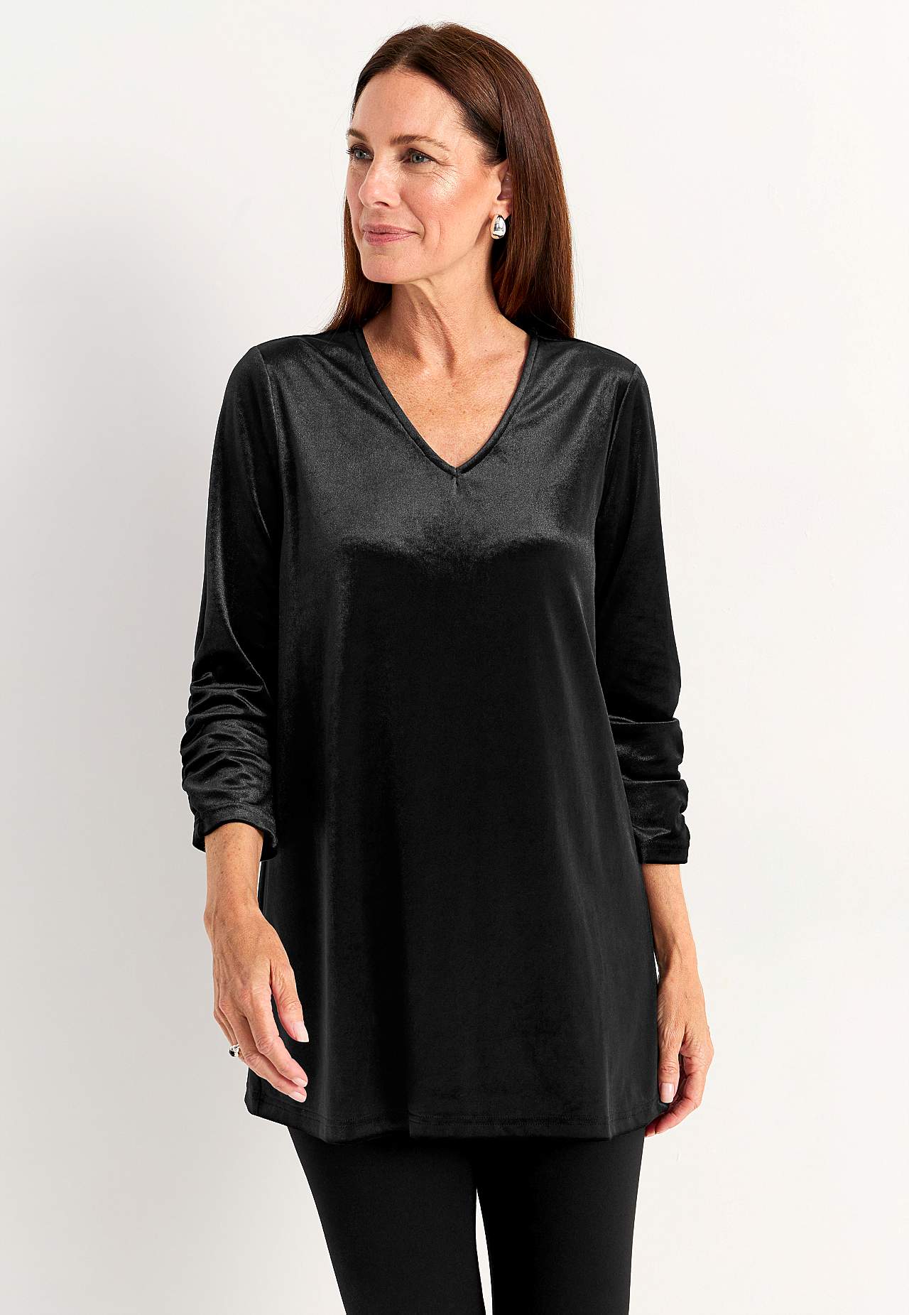 Velvet tunic with gathered sleeve detail