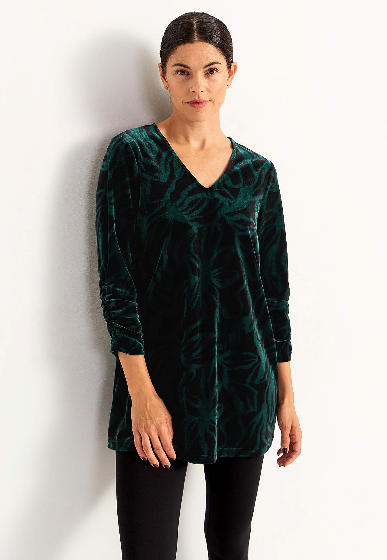 Velvet tunic with gathered sleeve detail