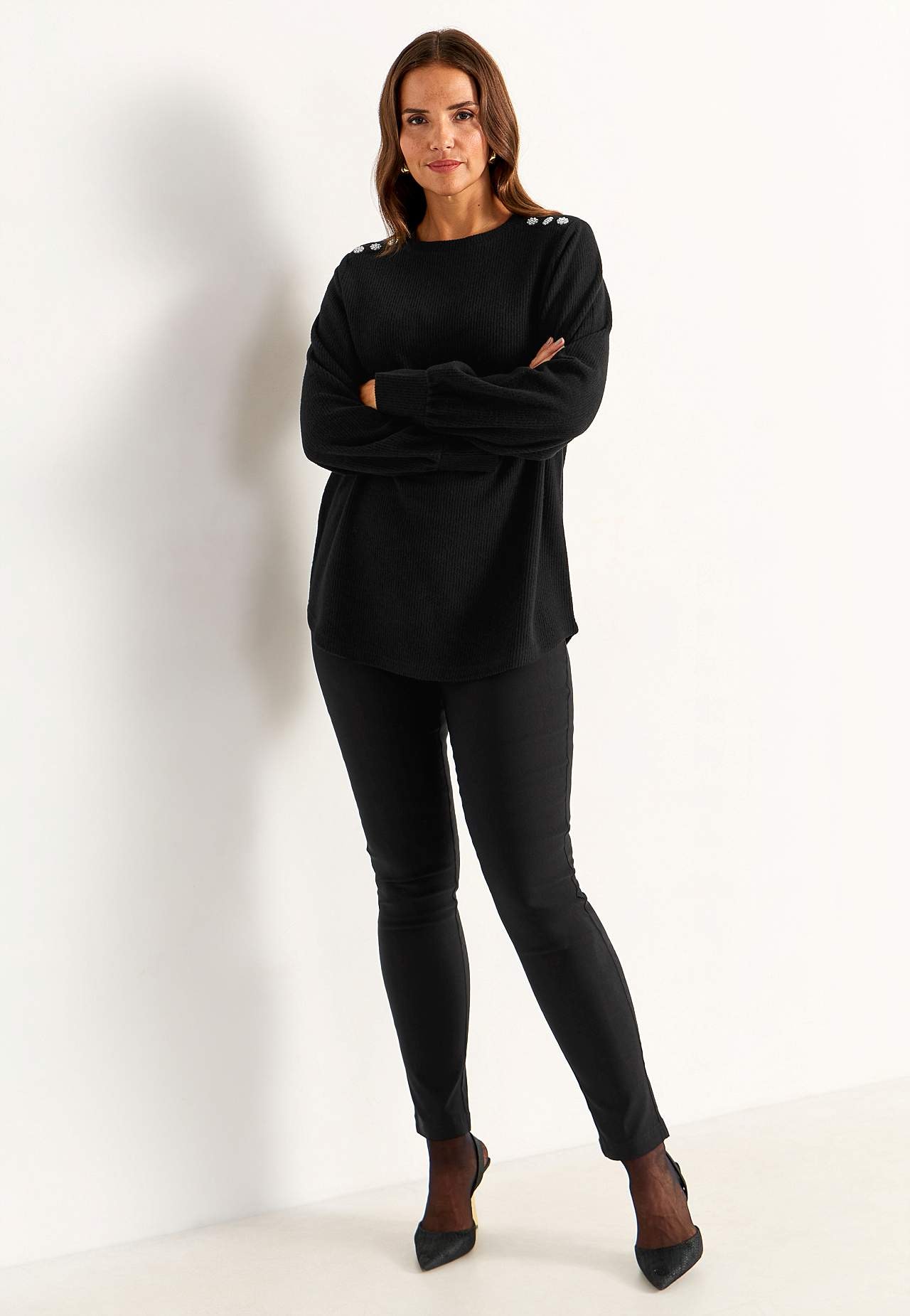 Ribbed tunic with rhinestone buttons