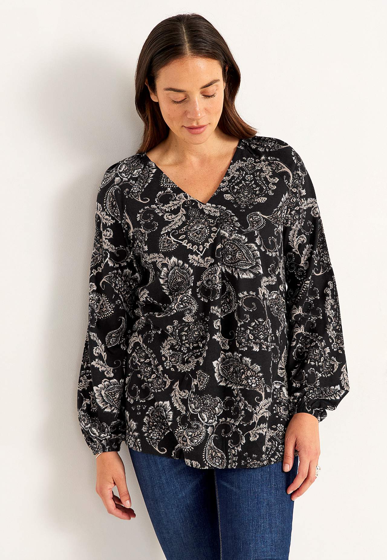 Patterned jersey tuniq with decorative pleat