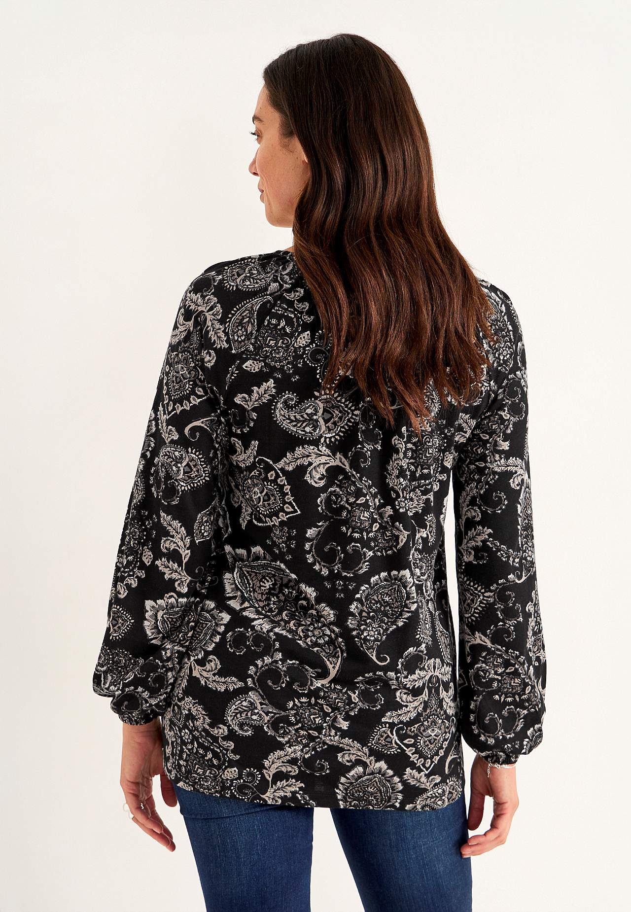 Patterned jersey tuniq with decorative pleat