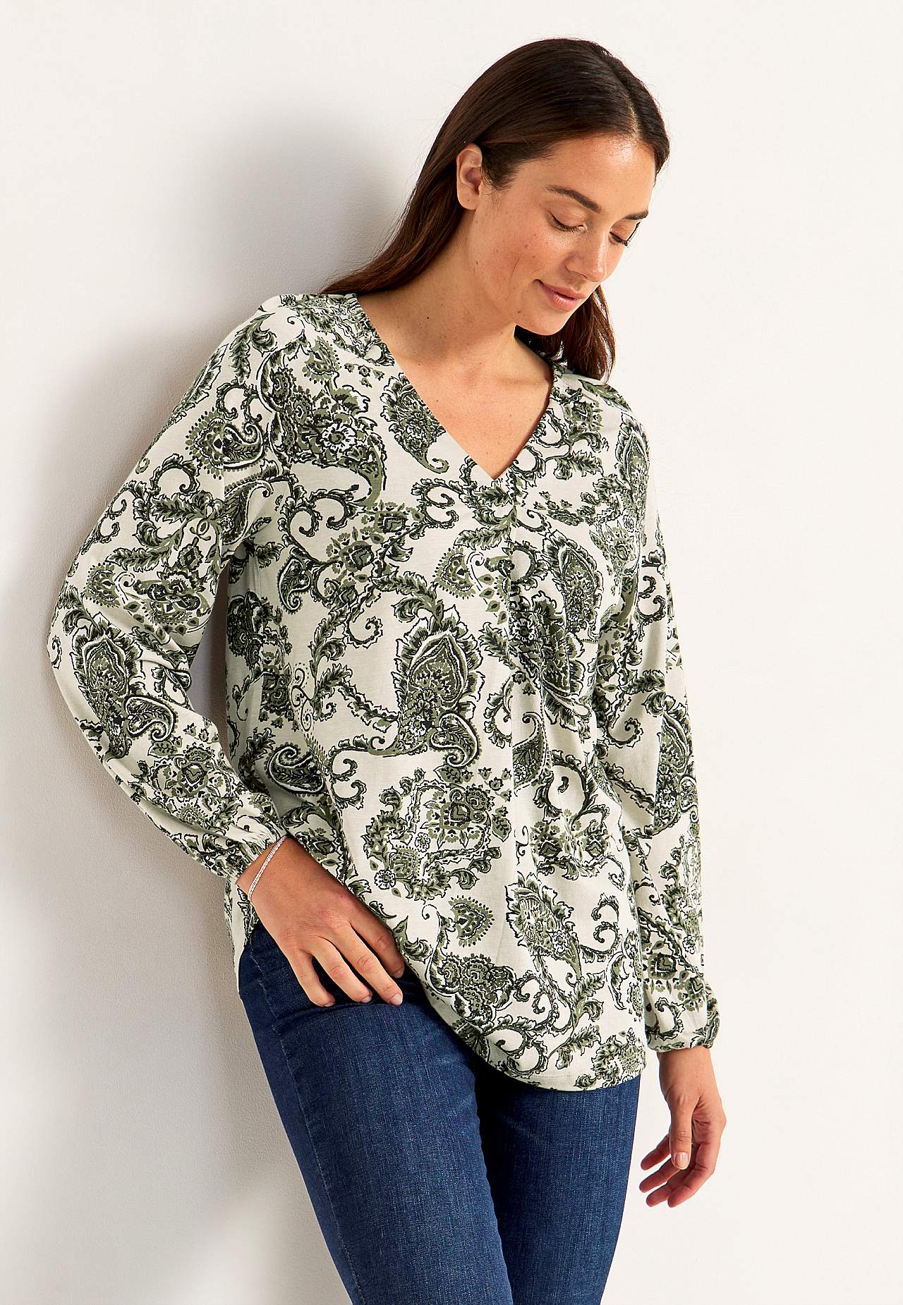 Patterned jersey tuniq with decorative pleat