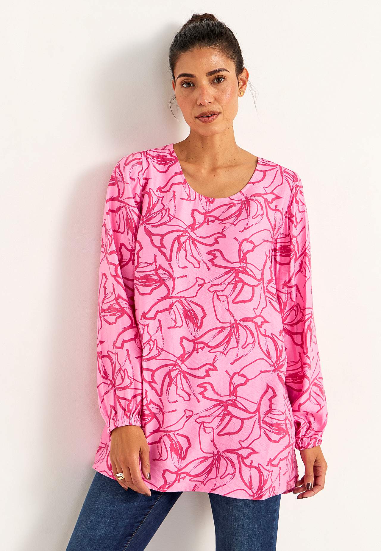 Woven, patterned tunic top