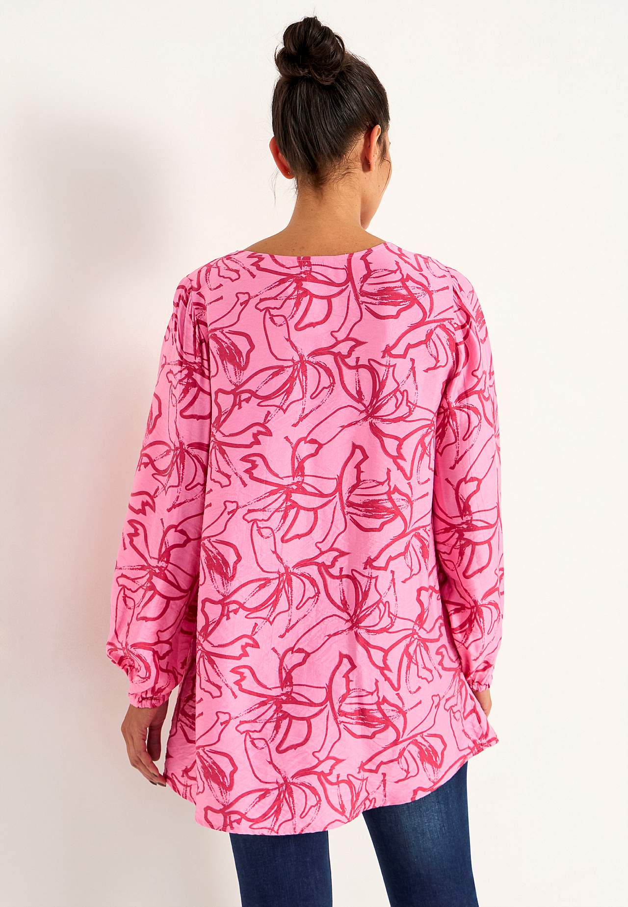 Woven, patterned tunic top
