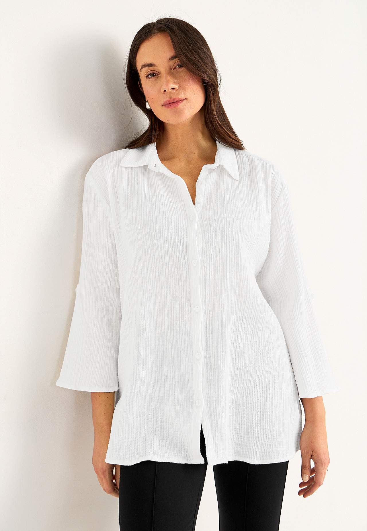 Long shirt in crinkled cotton