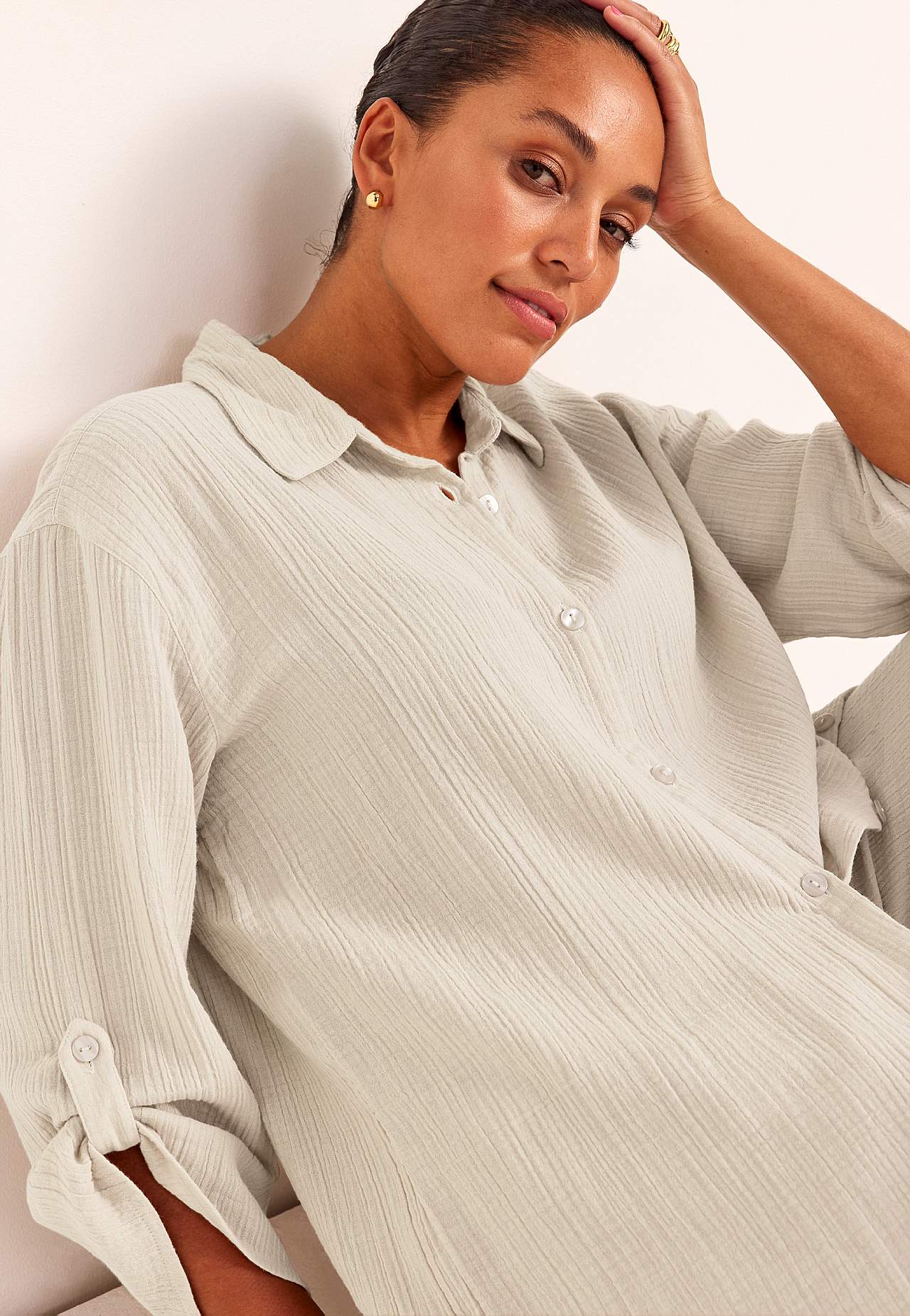 Long shirt in crinkled cotton