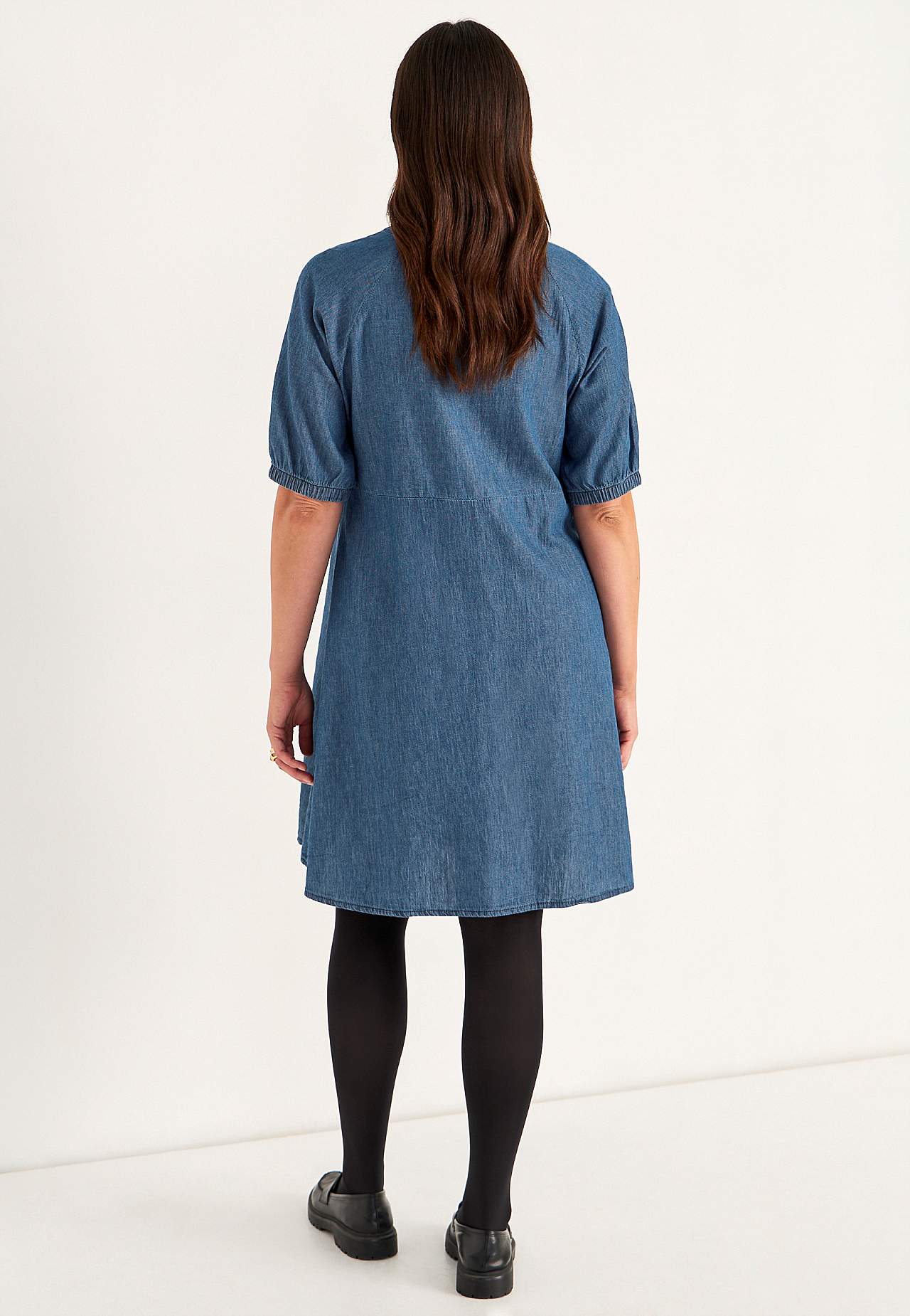 Short denim dress with puff sleeves