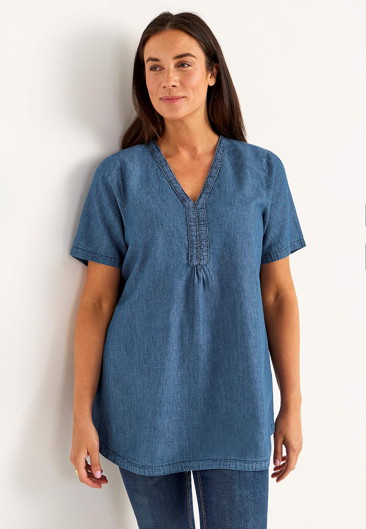Denim tunic with decorative V-neck