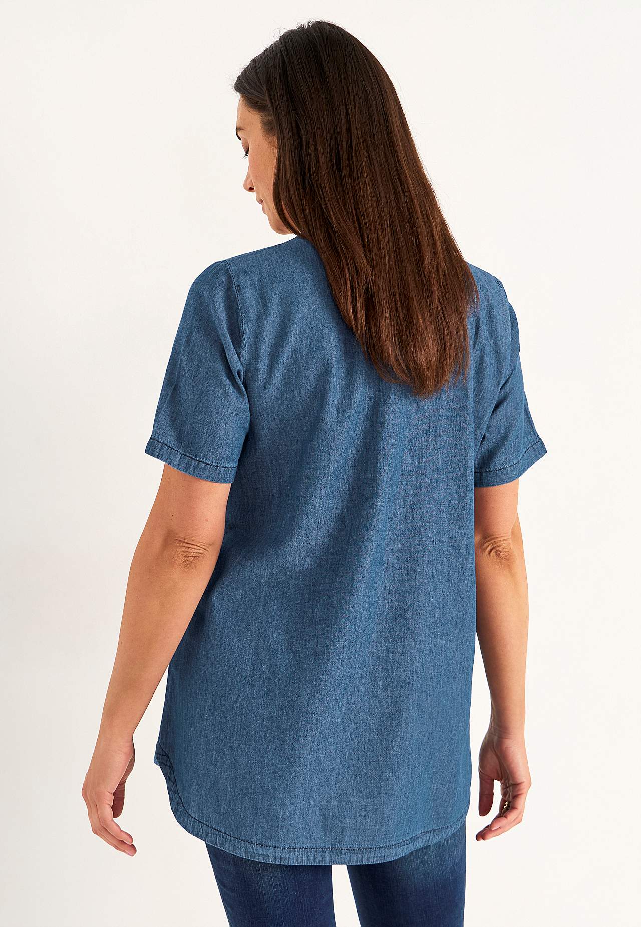 Denim tunic with decorative V-neck