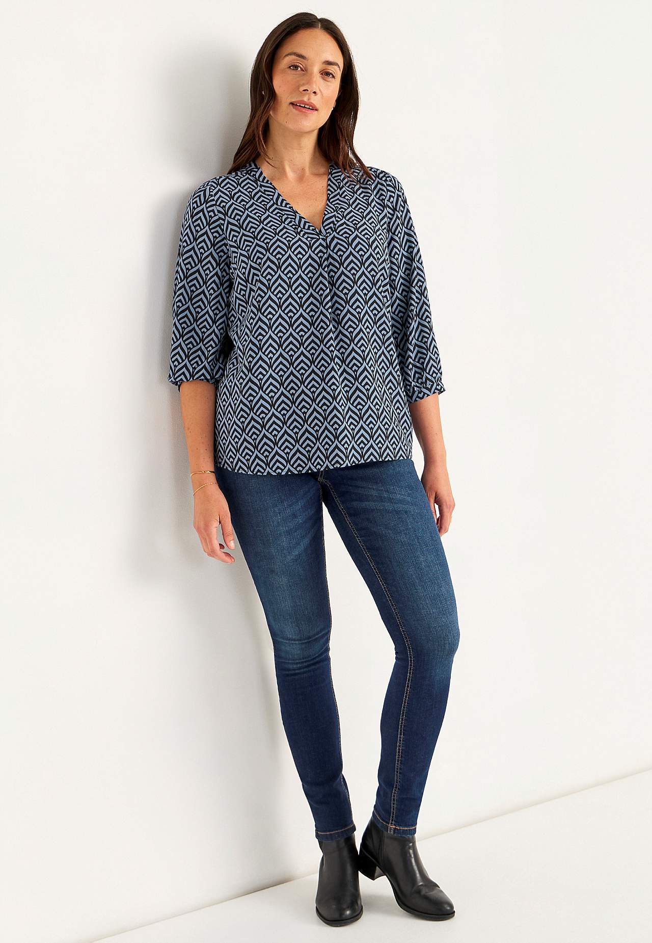 V-neck, woven blouse