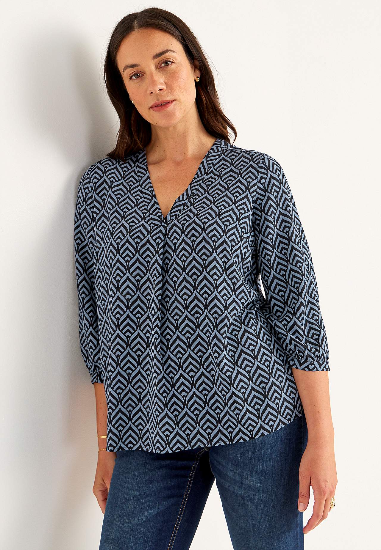 V-neck, woven blouse