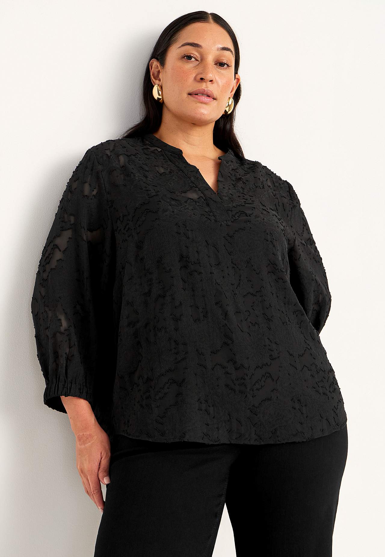 Jacquard-weave, sheer blouse
