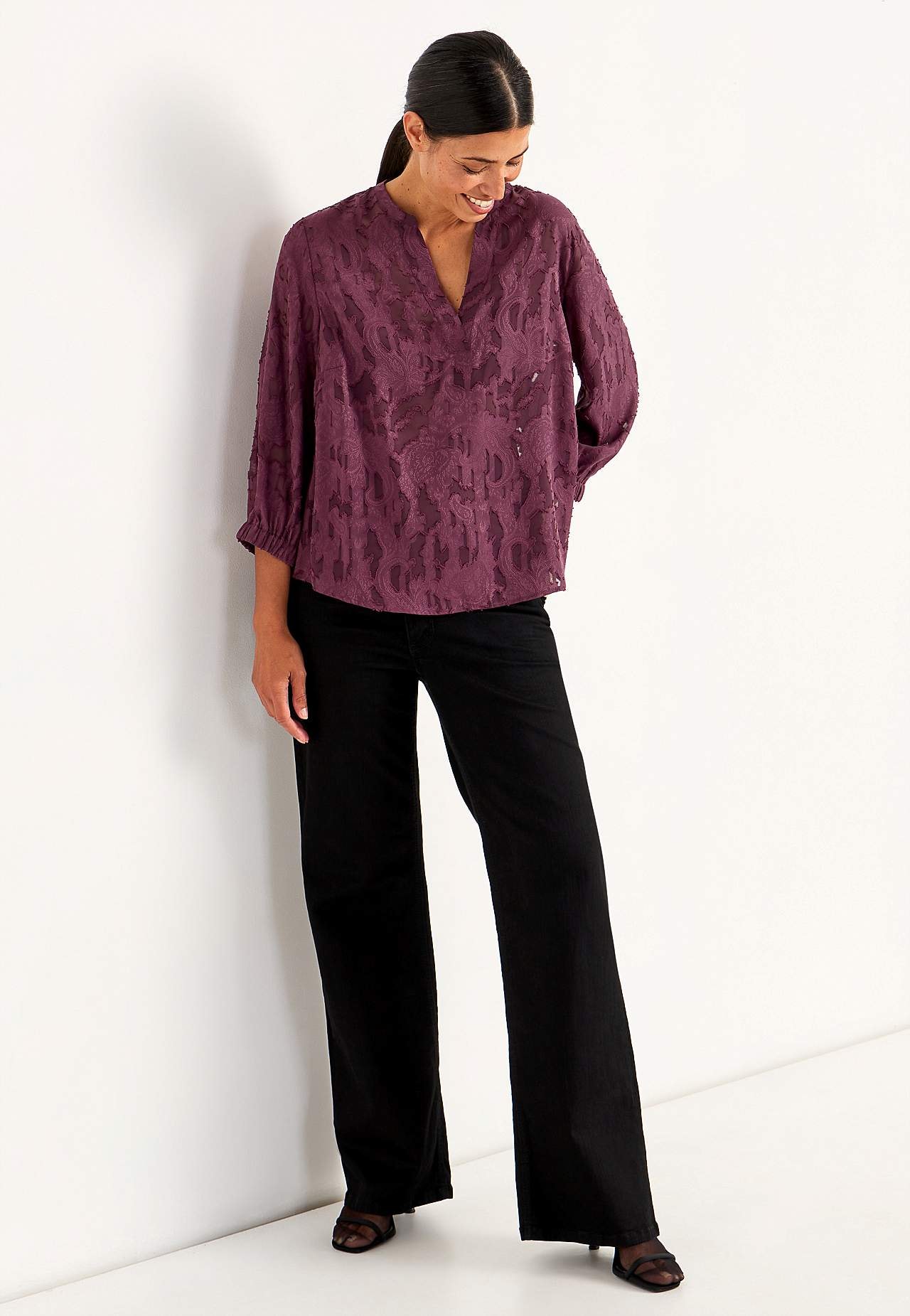 Jacquard-weave, sheer blouse