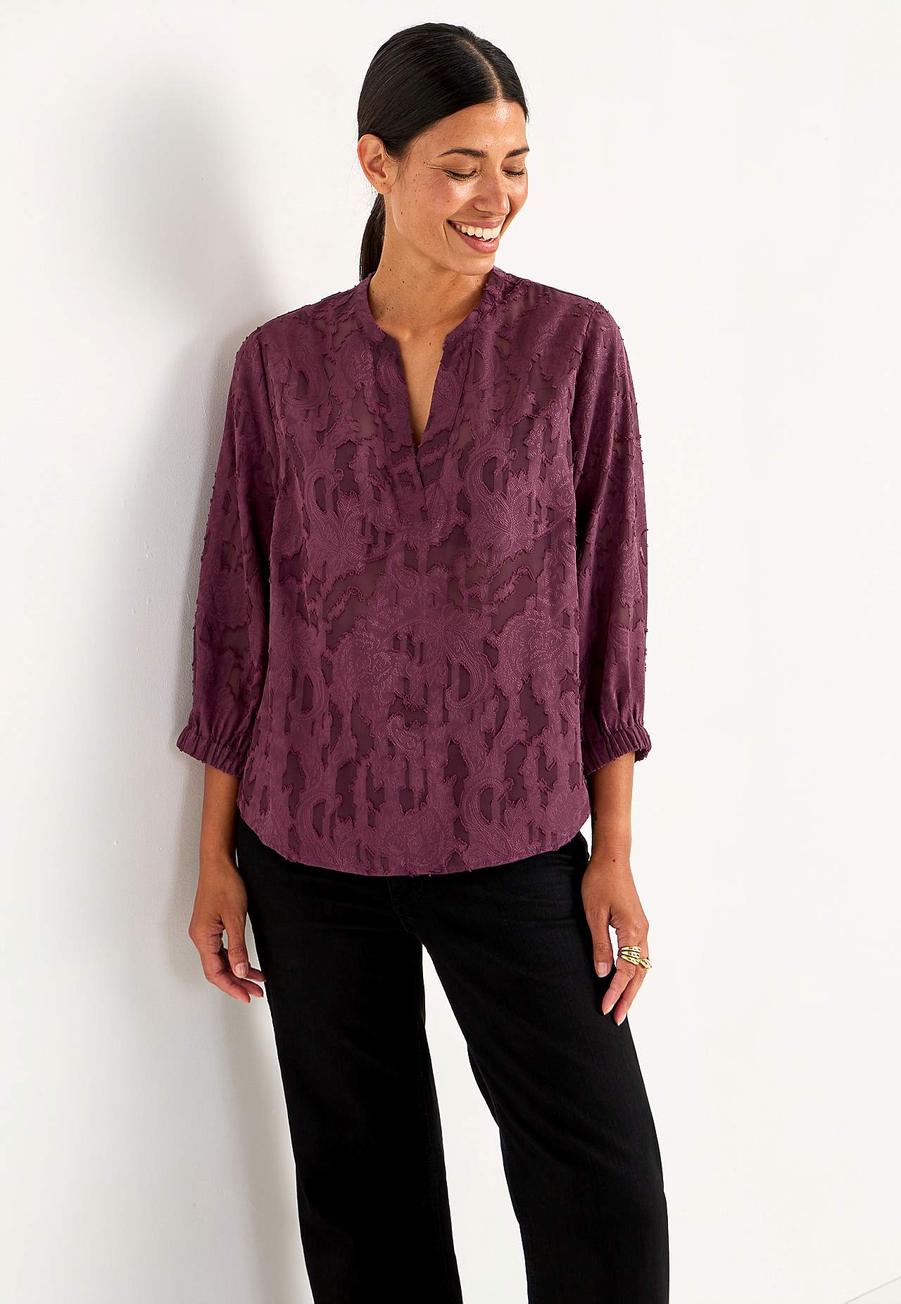 Jacquard-weave, sheer blouse