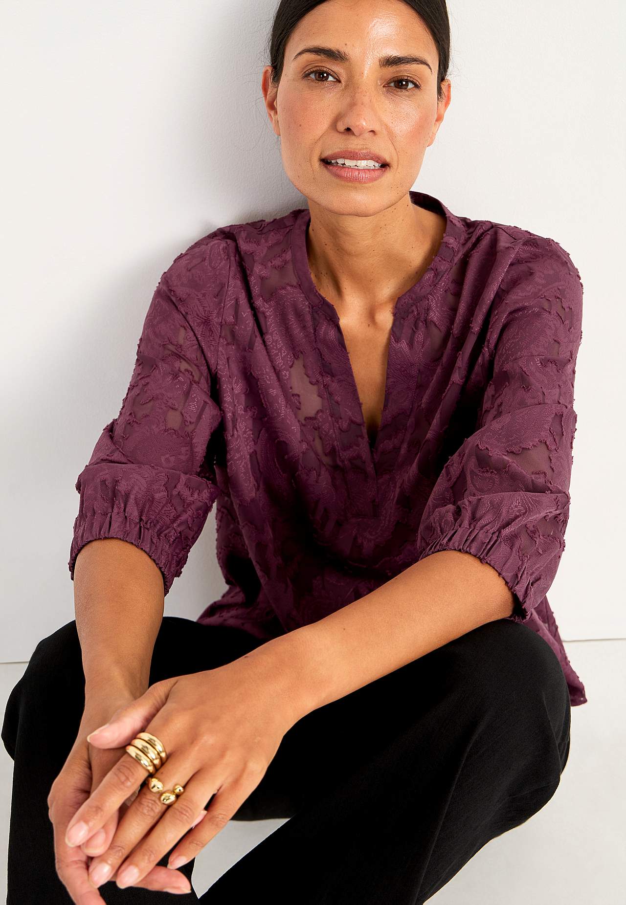 Jacquard-weave, sheer blouse