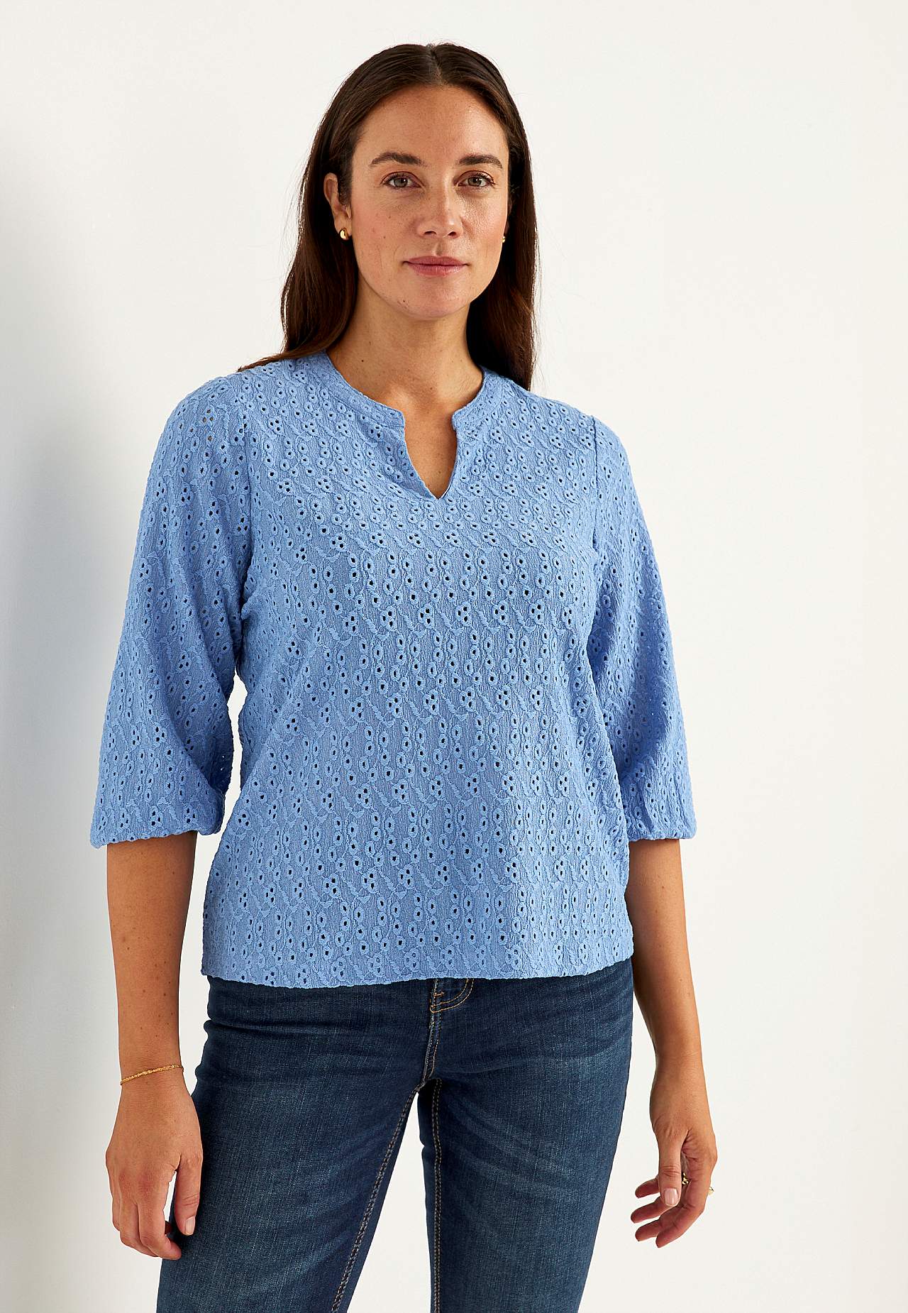 Jersey top with embroidered openwork