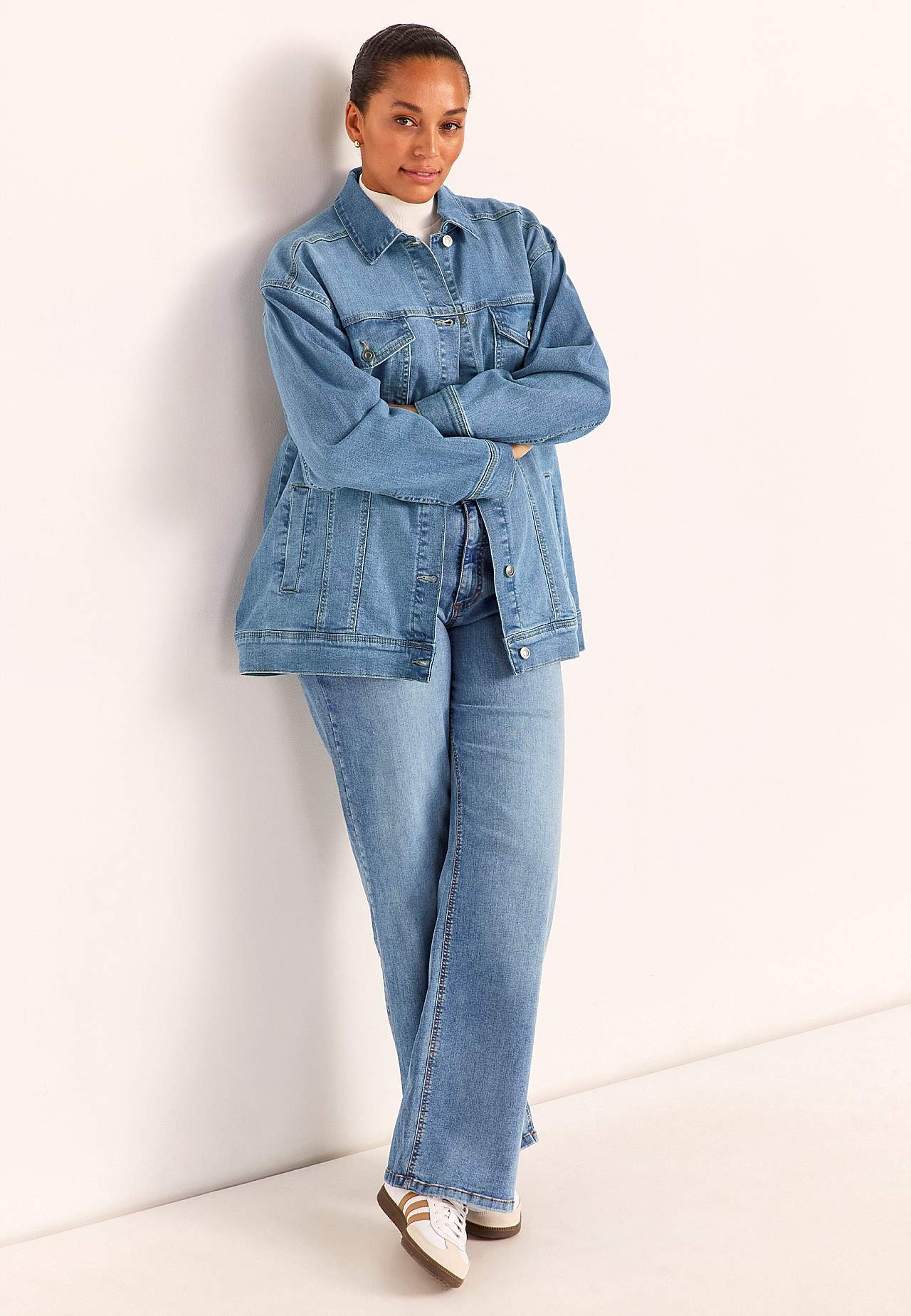 Long denim jacket with stretch
