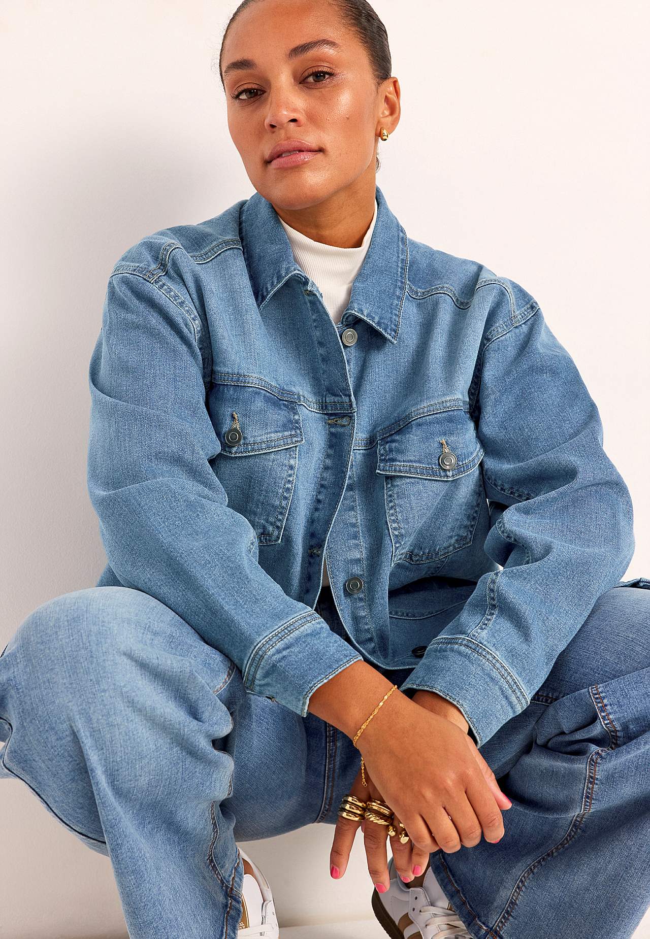 Long denim jacket with stretch