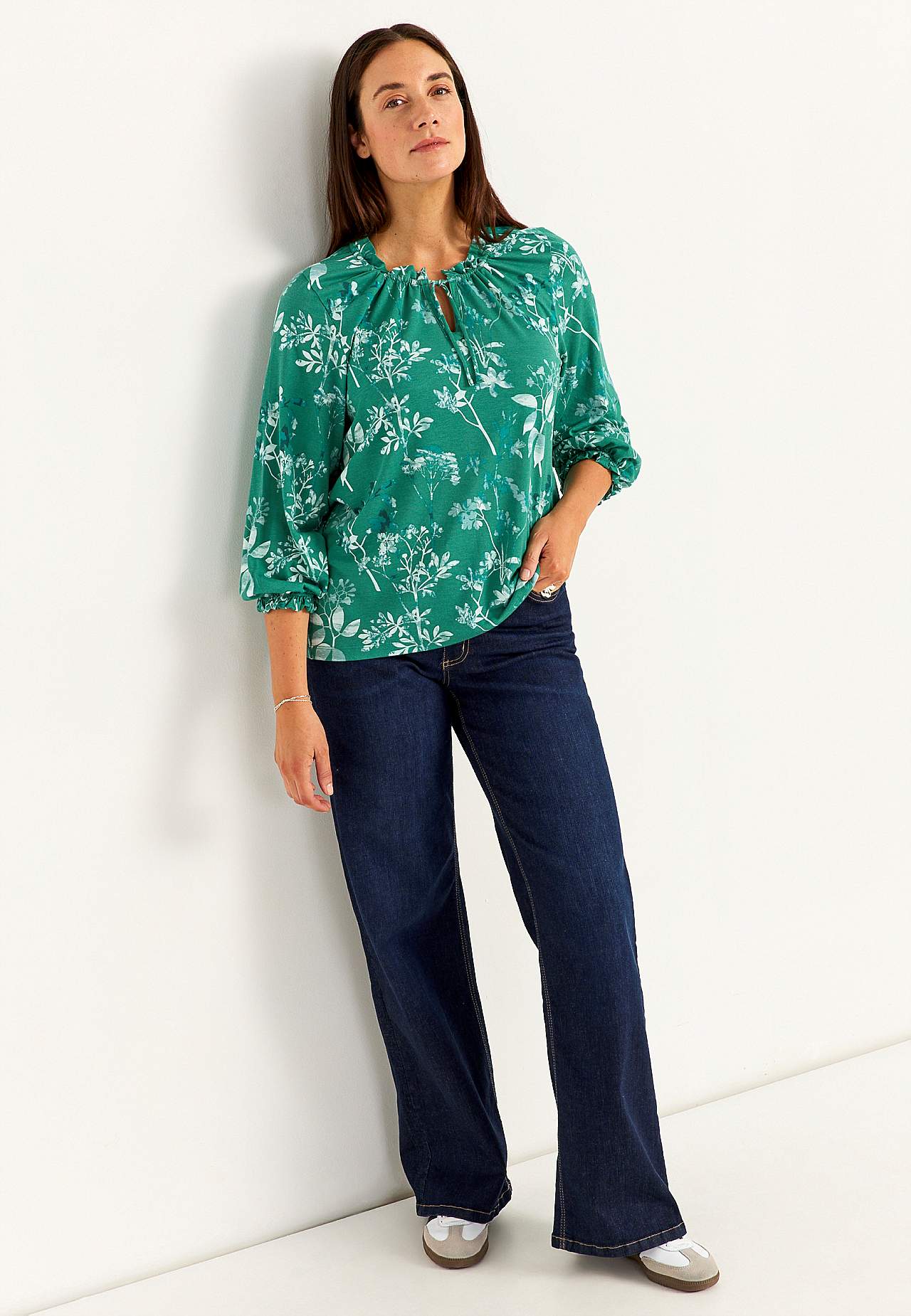 Patterned jersey top with frill edge