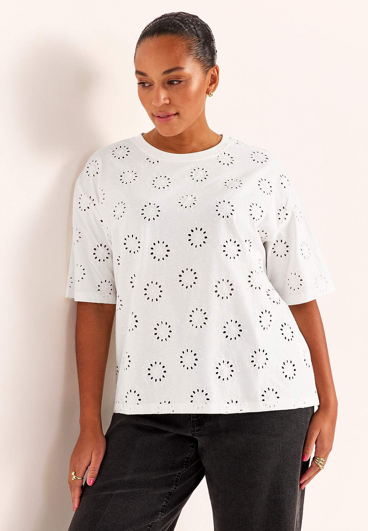 Jersey top with embroidered openwork